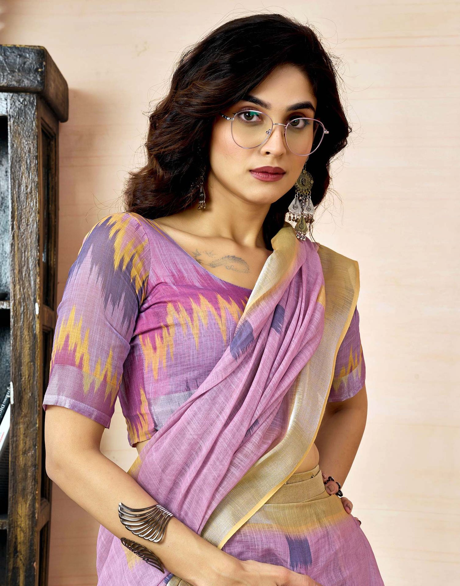 Ready To Wear Light Purple Linen Printed Saree With Pocket