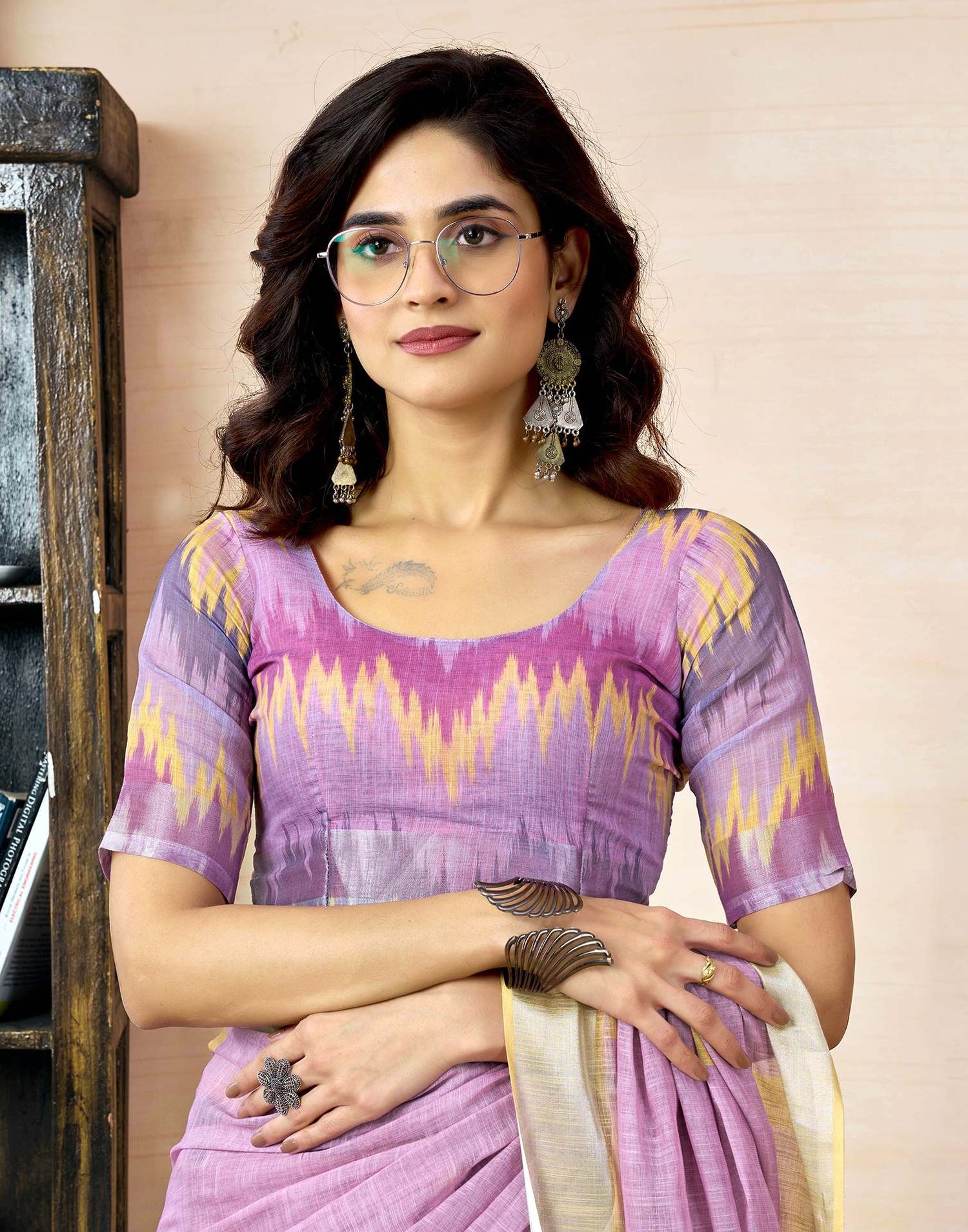 Ready To Wear Light Purple Linen Printed Saree With Pocket