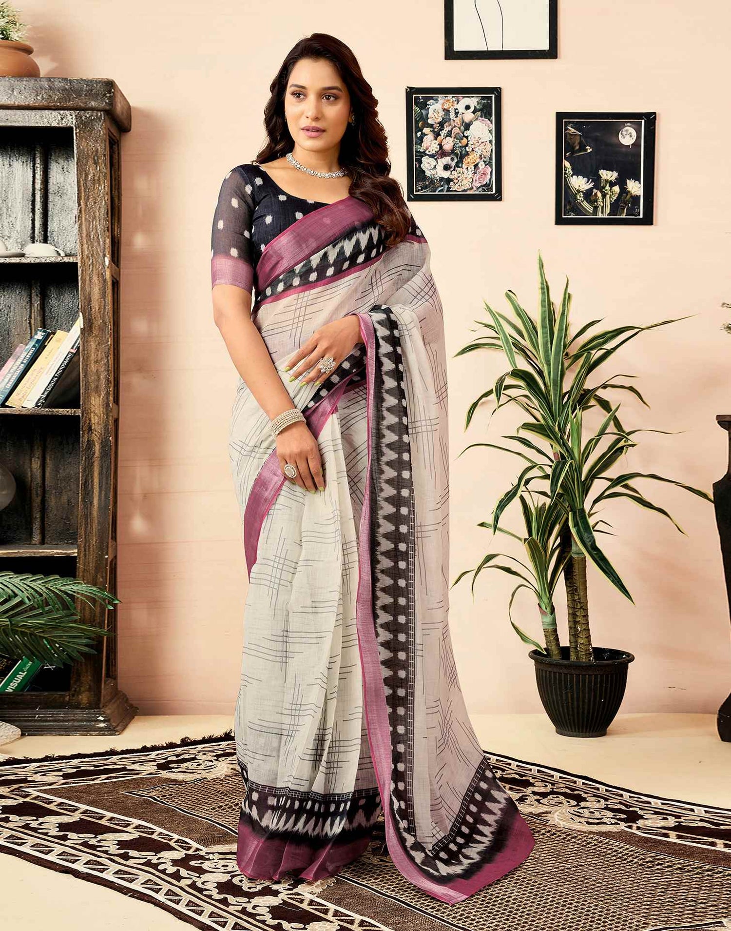 Ready To Wear White Linen Printed Saree With Pocket