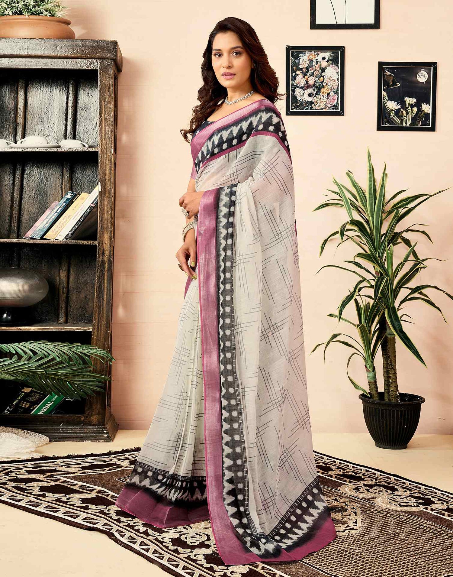 Ready To Wear White Linen Printed Saree With Pocket