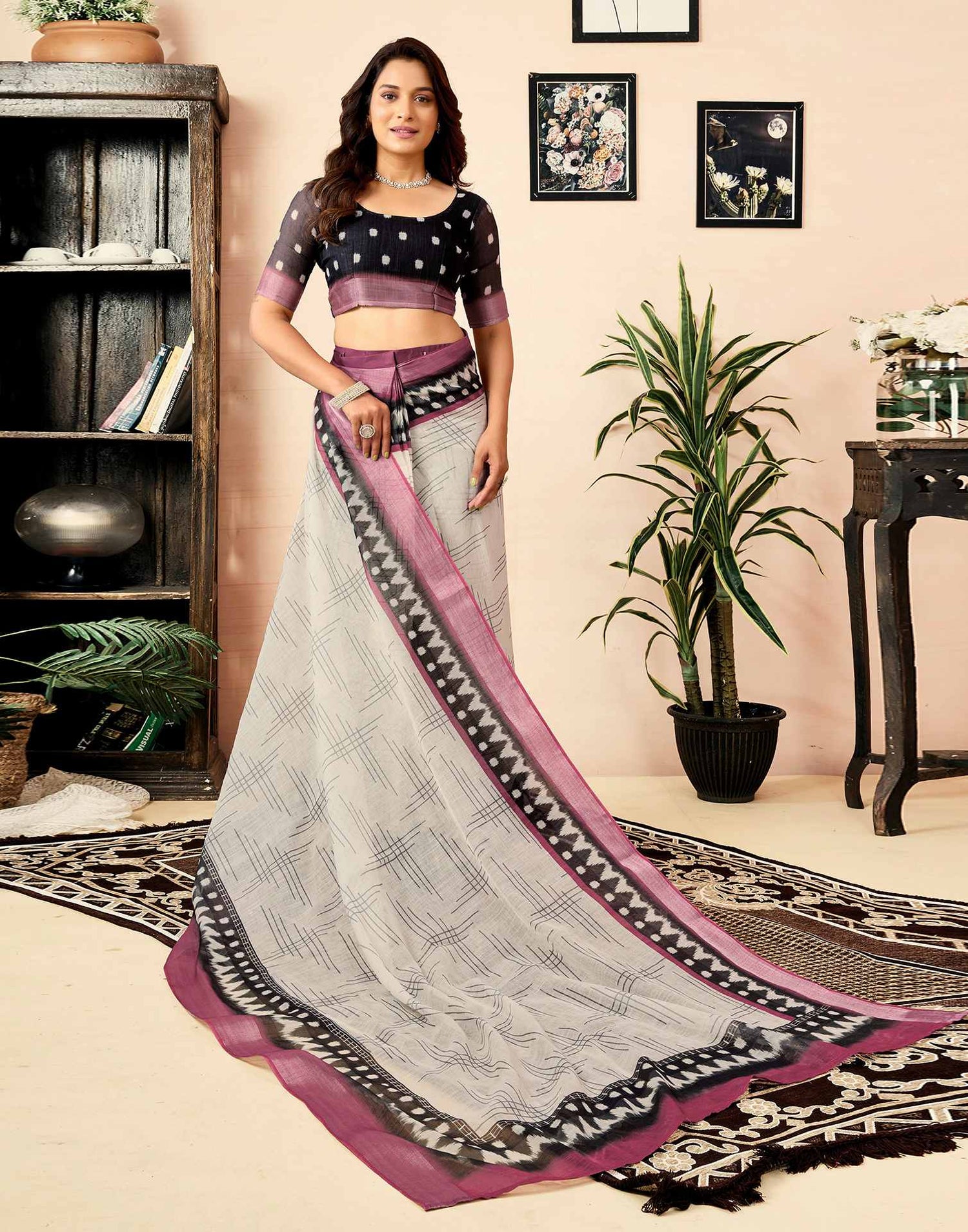 Ready To Wear White Linen Printed Saree With Pocket