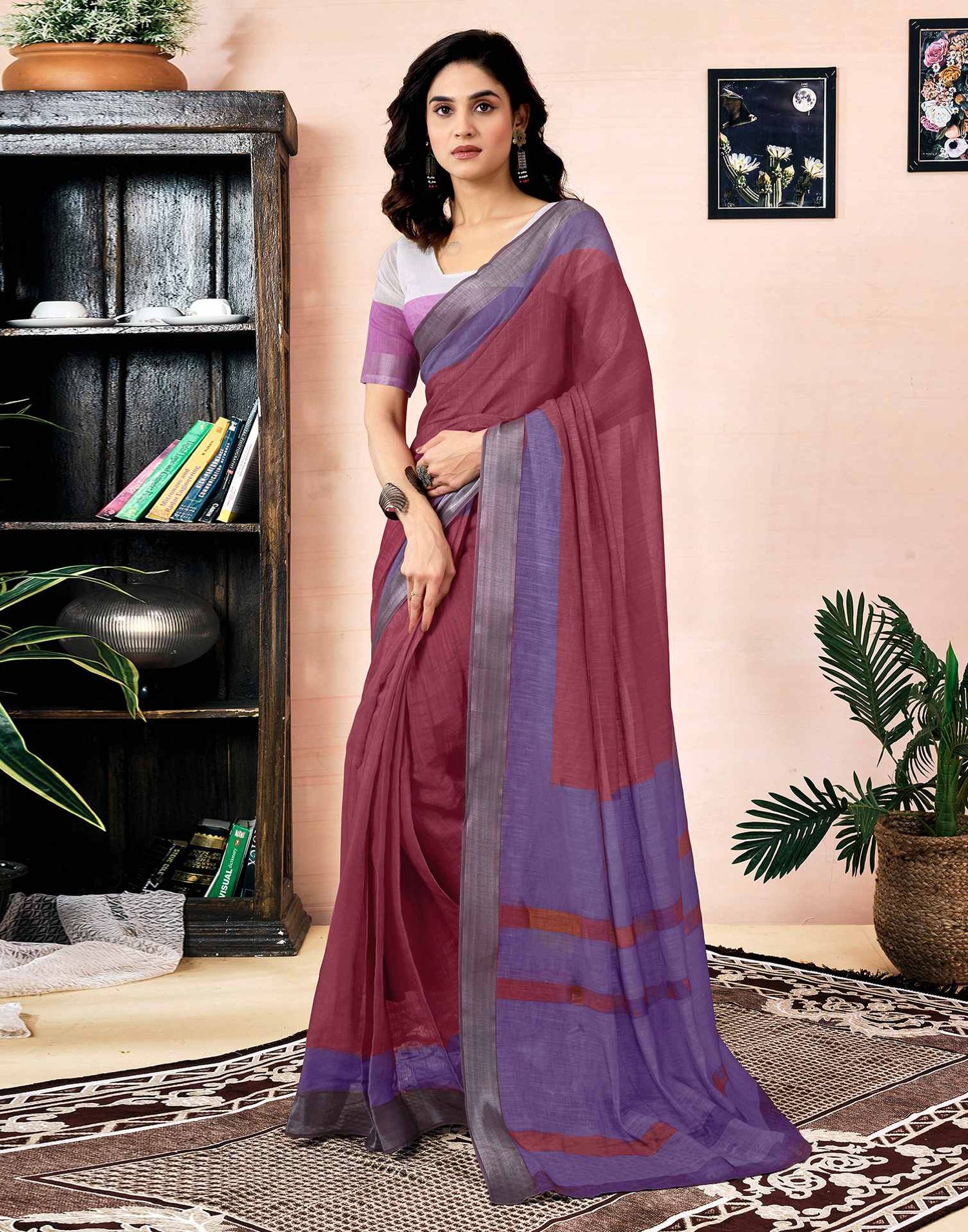 Ready To Wear Dusty Maroon Linen Printed Saree With Pocket