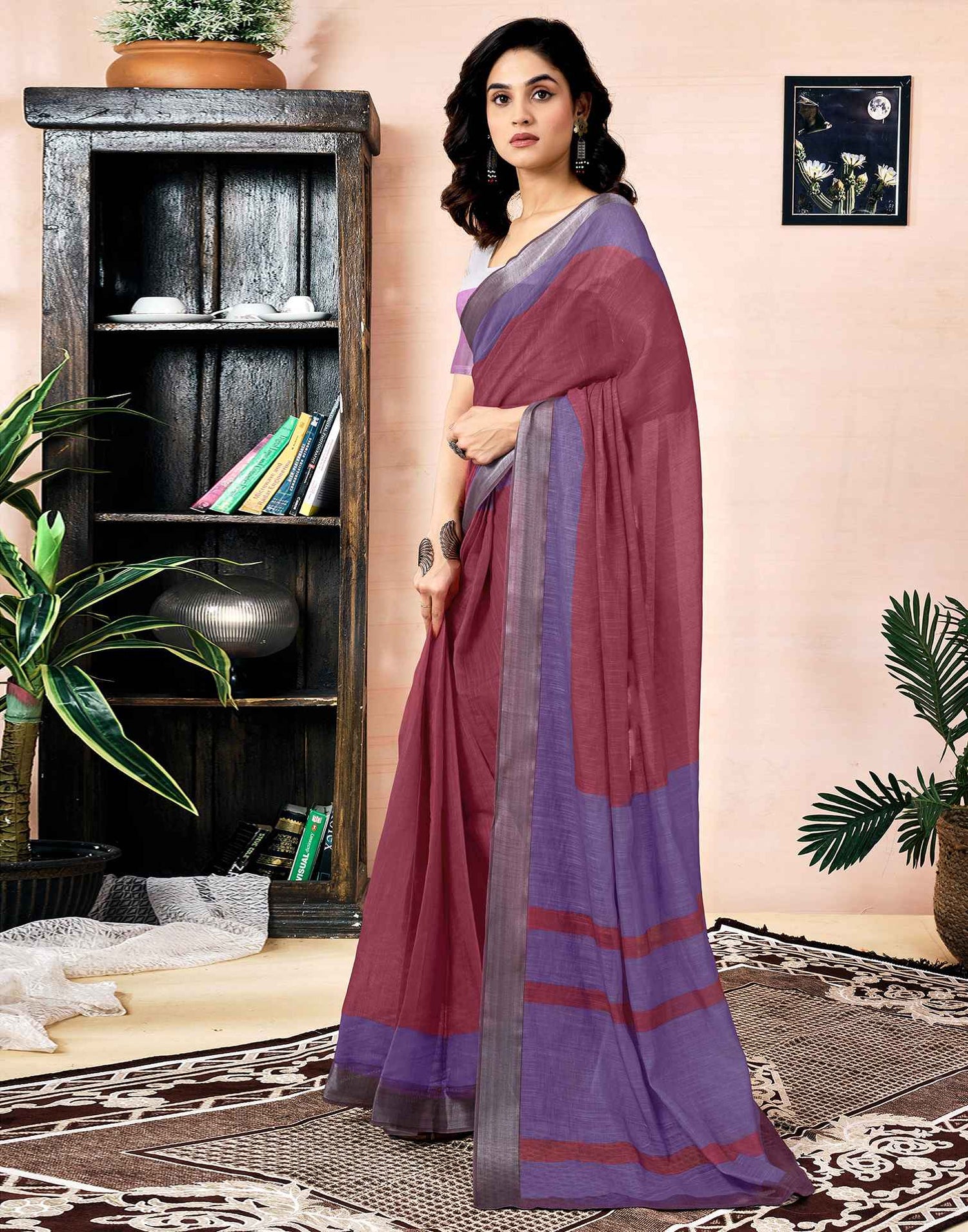 Ready To Wear Dusty Maroon Linen Printed Saree With Pocket