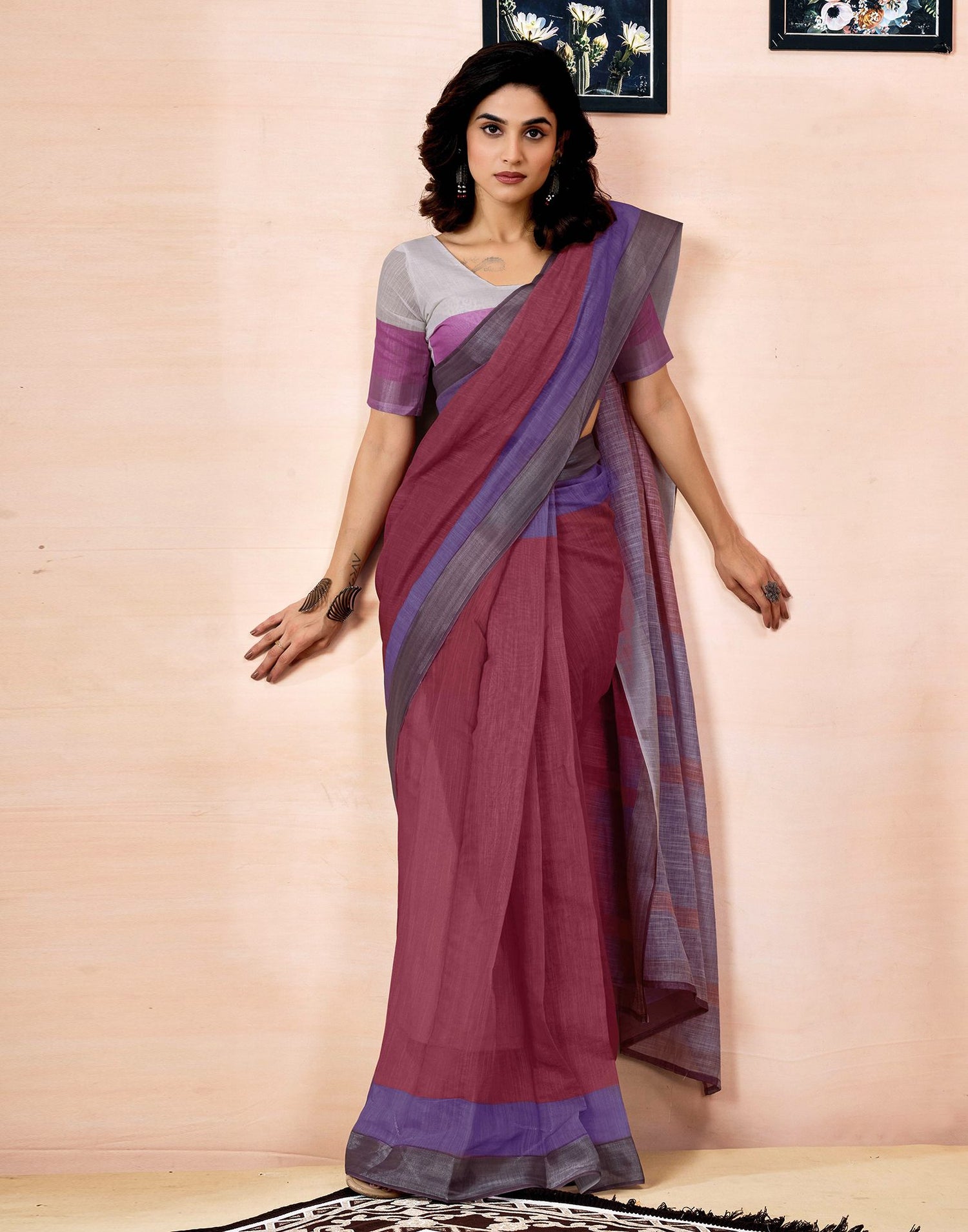 Ready To Wear Dusty Maroon Linen Printed Saree With Pocket