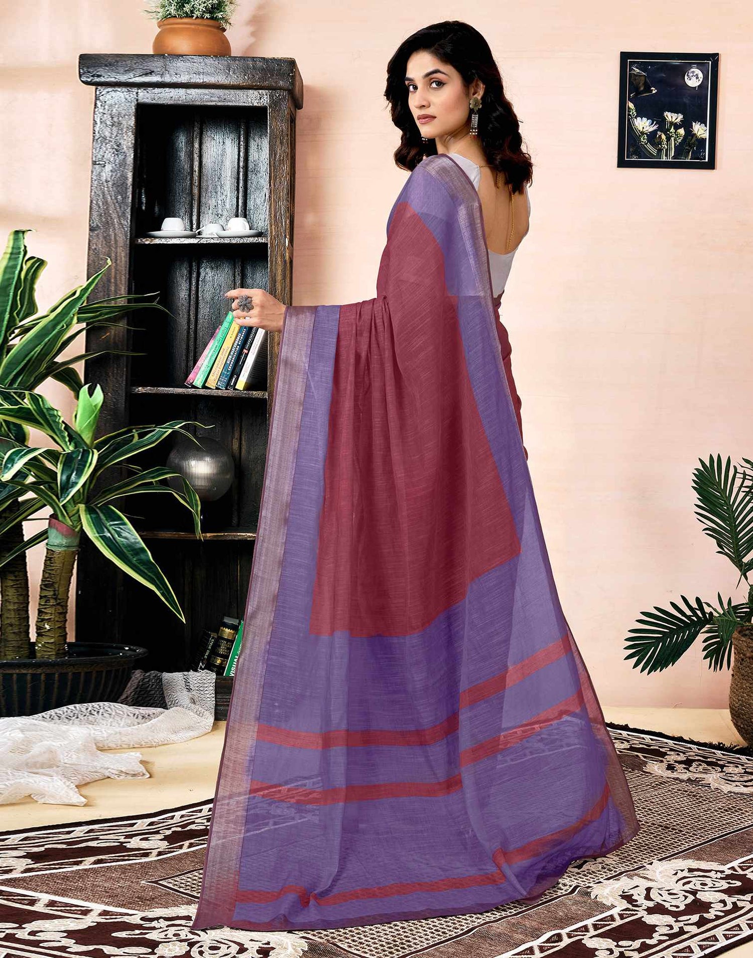 Ready To Wear Dusty Maroon Linen Printed Saree With Pocket