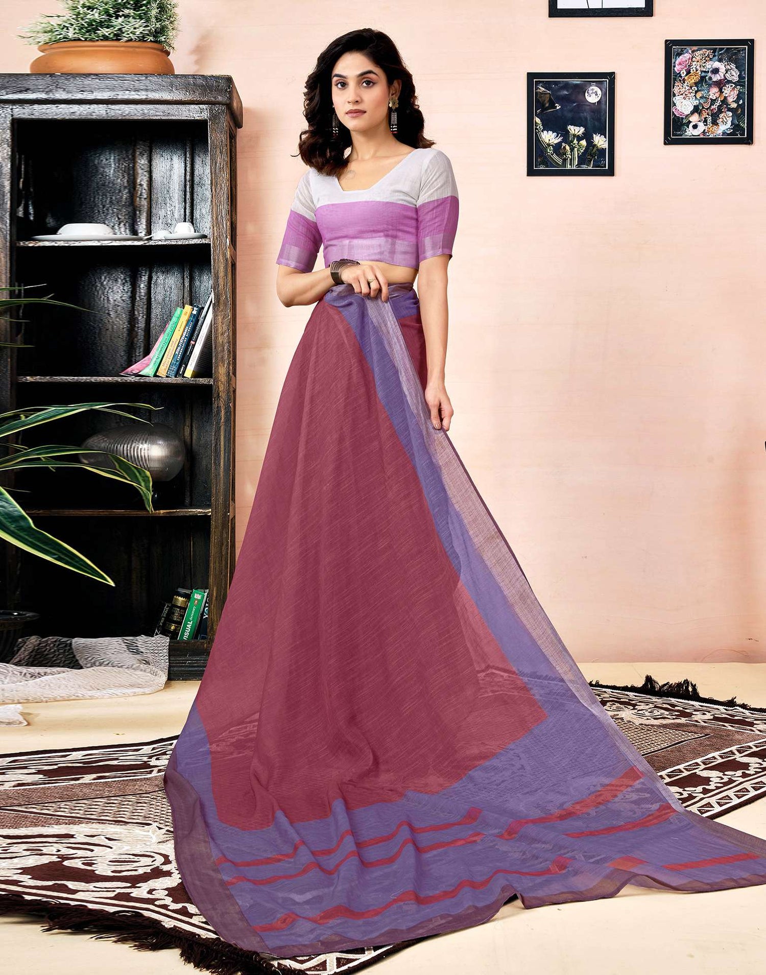 Ready To Wear Dusty Maroon Linen Printed Saree With Pocket