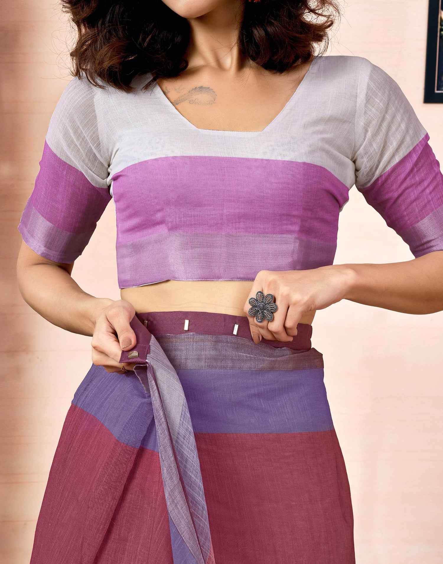 Ready To Wear Dusty Maroon Linen Printed Saree With Pocket