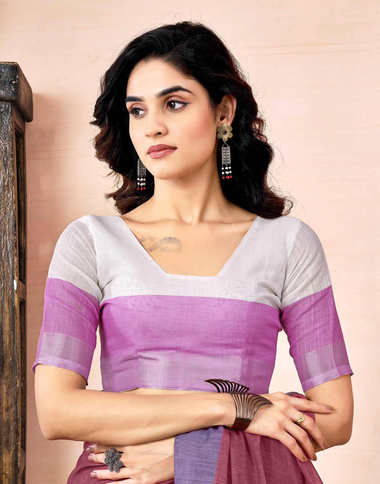 Ready To Wear Dusty Maroon Linen Printed Saree With Pocket