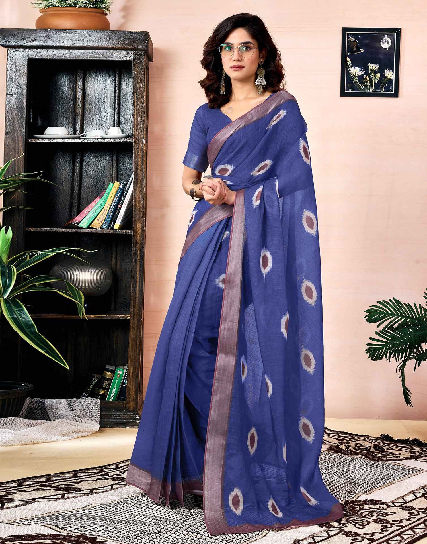 Ready To Wear Dark Blue Linen Printed Saree With Pocket
