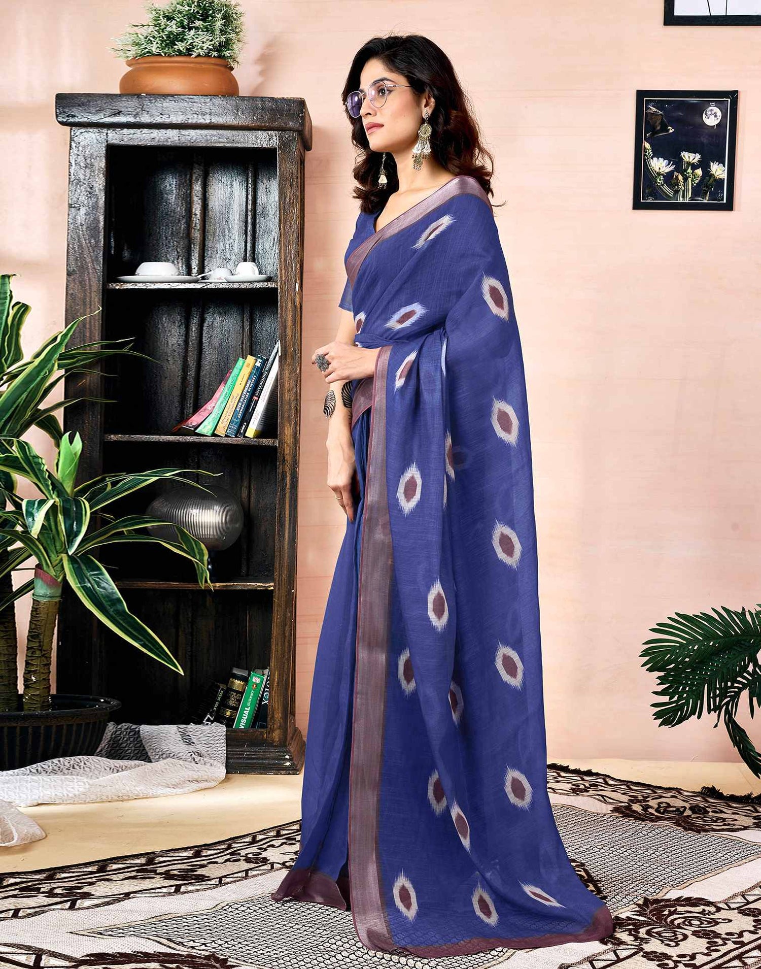 Ready To Wear Dark Blue Linen Printed Saree With Pocket