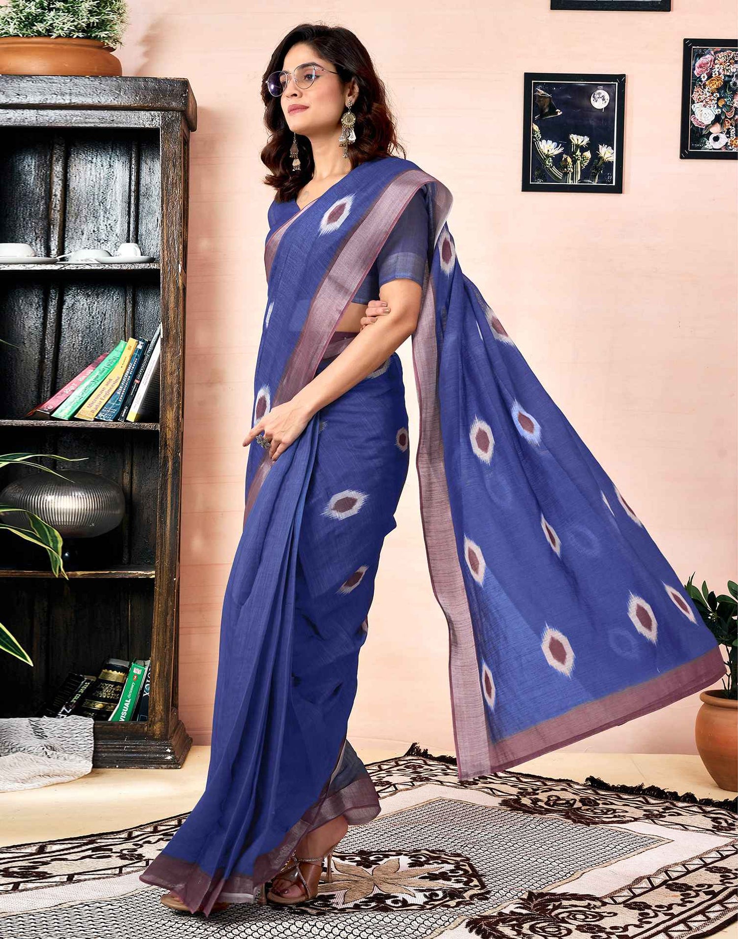 Ready To Wear Dark Blue Linen Printed Saree With Pocket