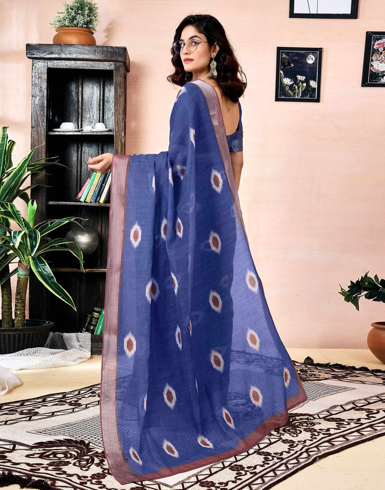 Ready To Wear Dark Blue Linen Printed Saree With Pocket