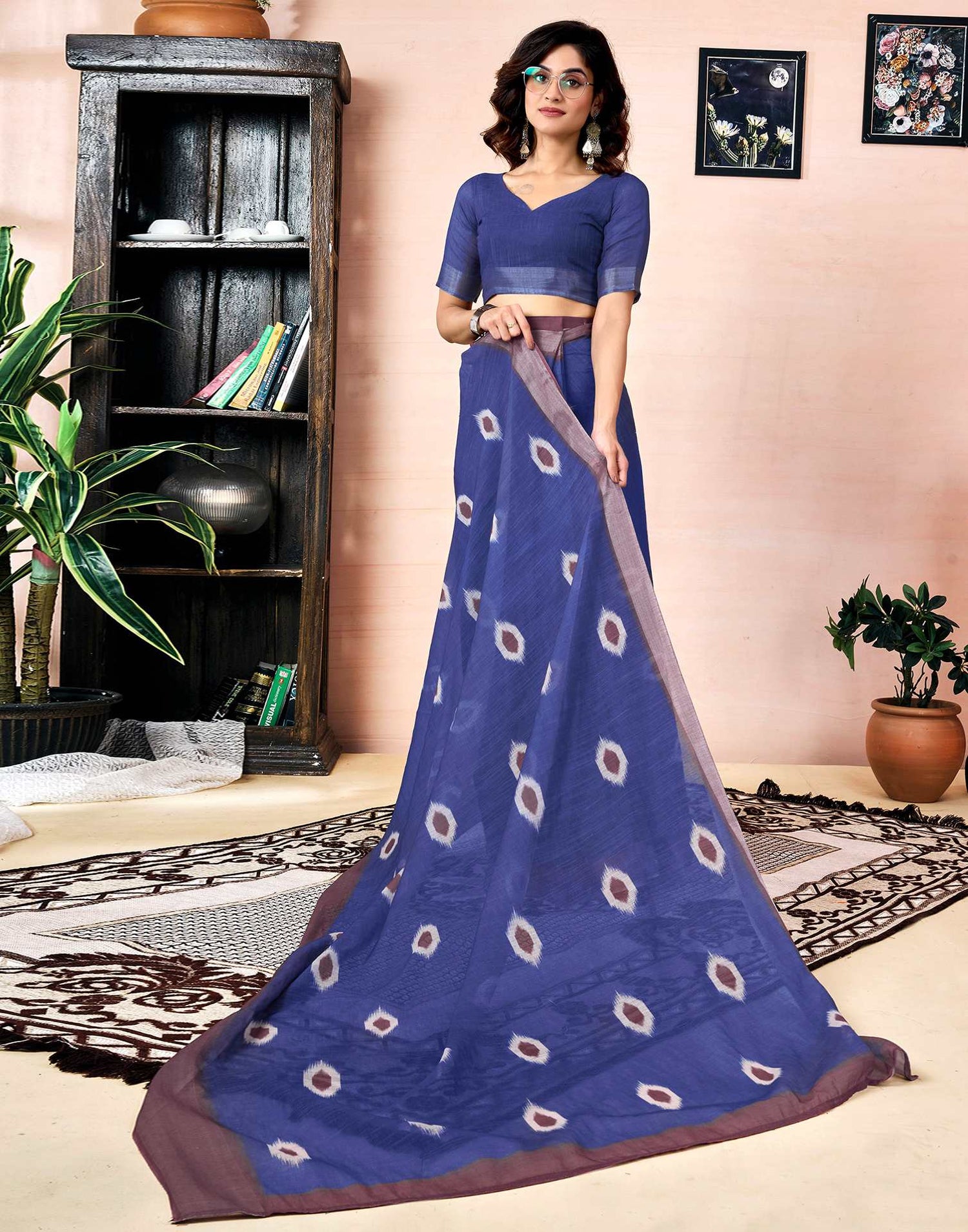Ready To Wear Dark Blue Linen Printed Saree With Pocket