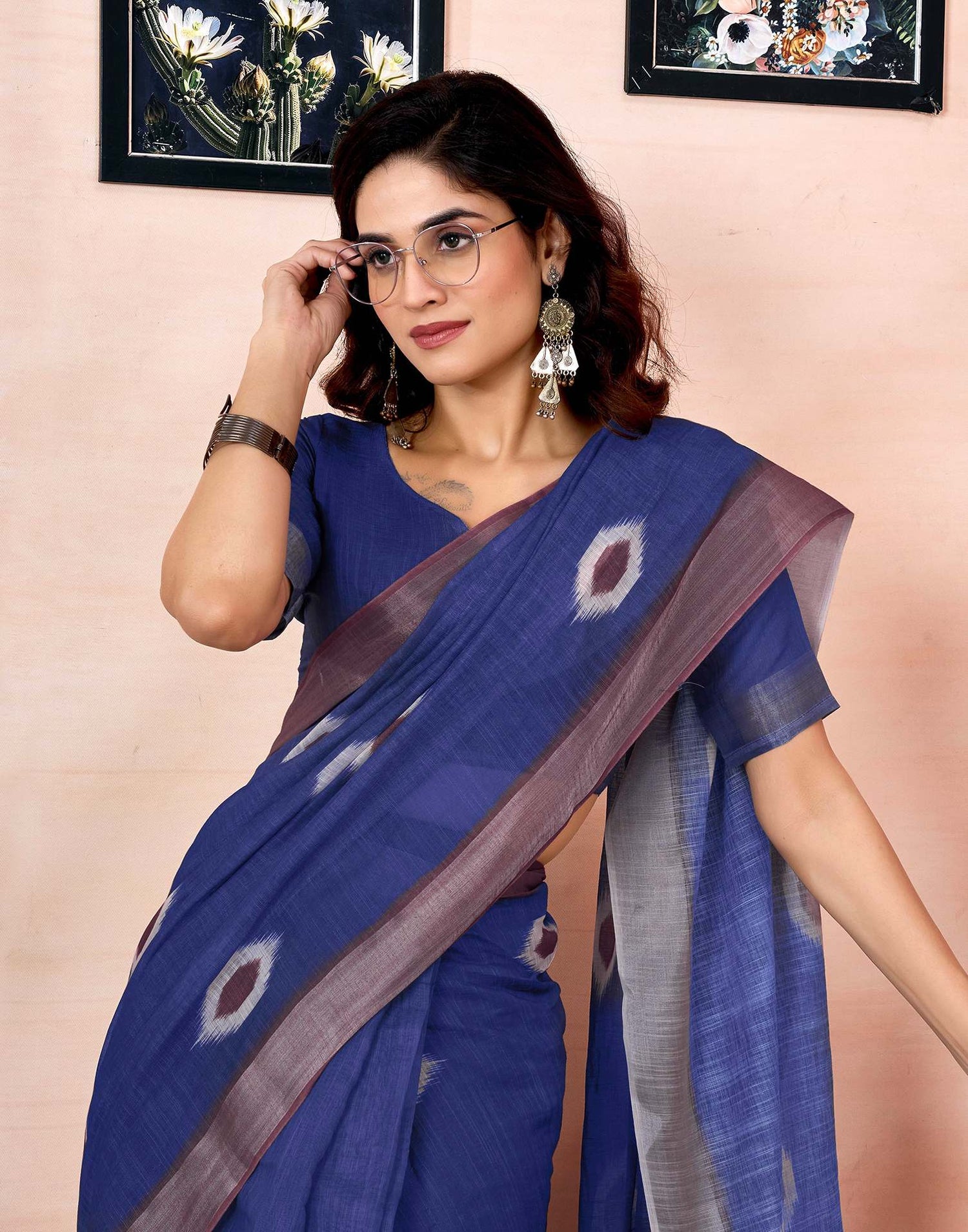 Ready To Wear Dark Blue Linen Printed Saree With Pocket