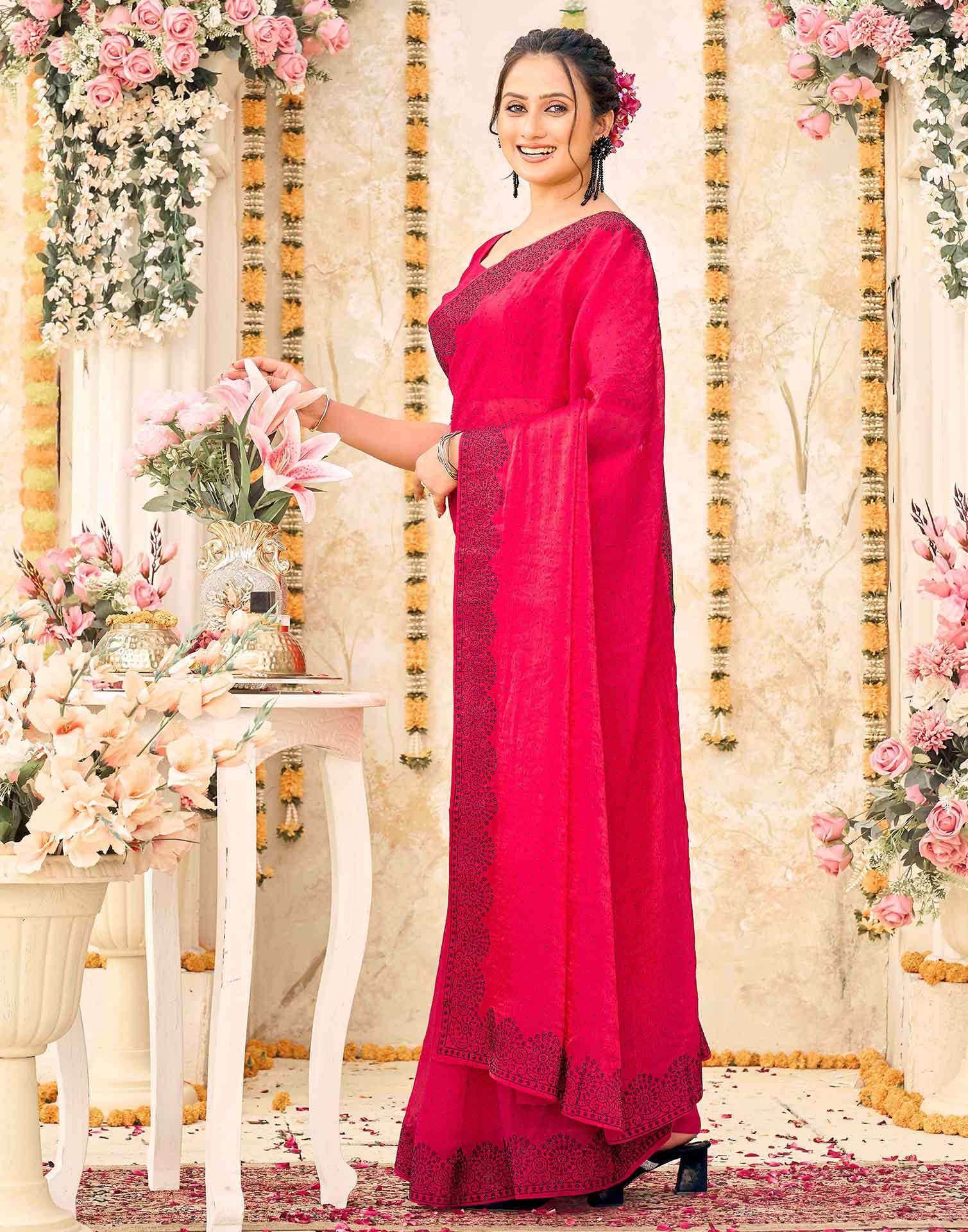 Rani Pink Shimmer Stone Work Swarovski Saree