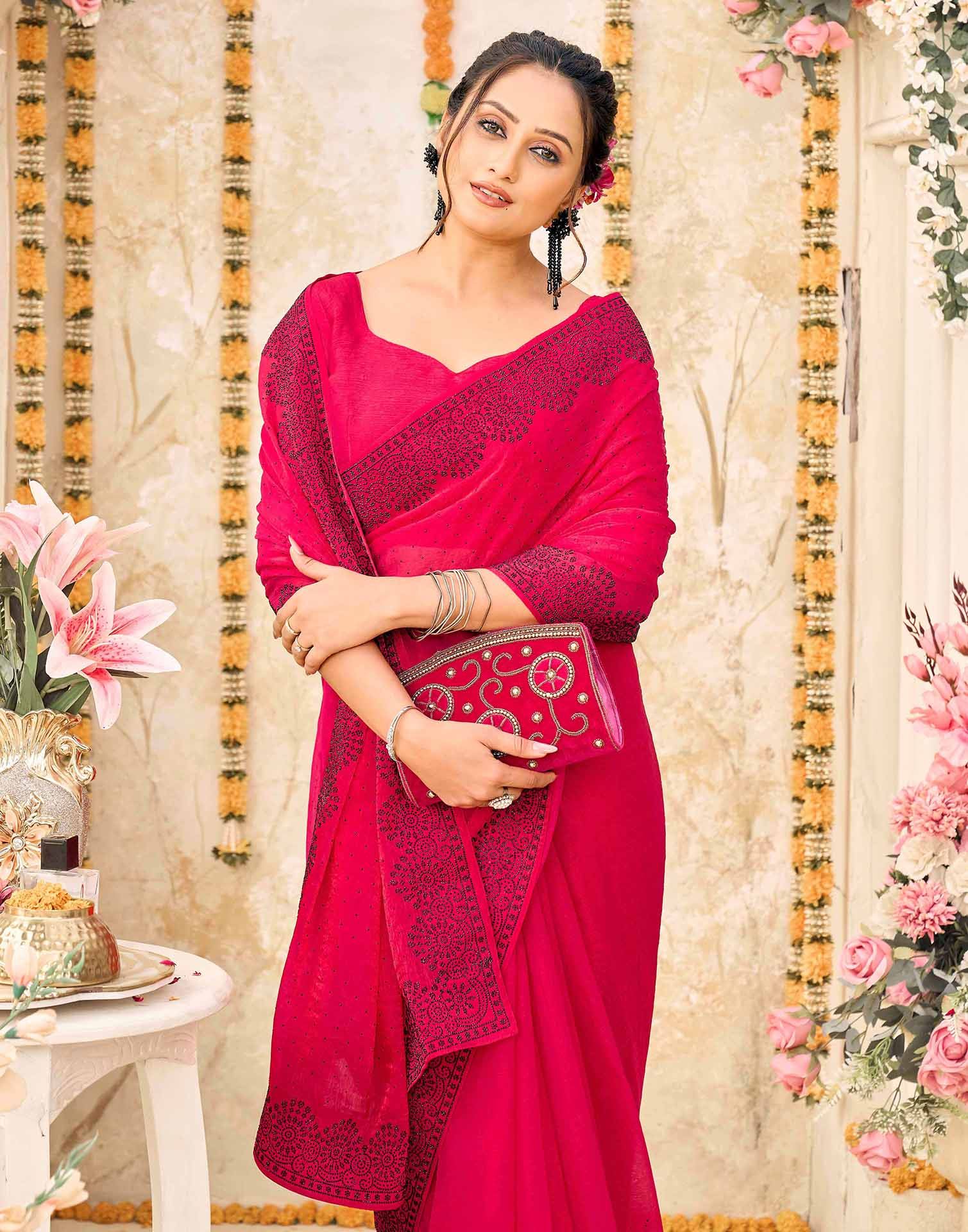 Rani Pink Shimmer Stone Work Swarovski Saree