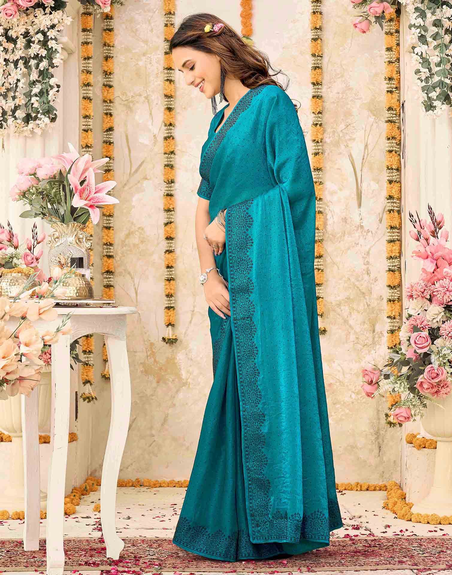 Teal Blue Shimmer Stone Work Swarovski Saree