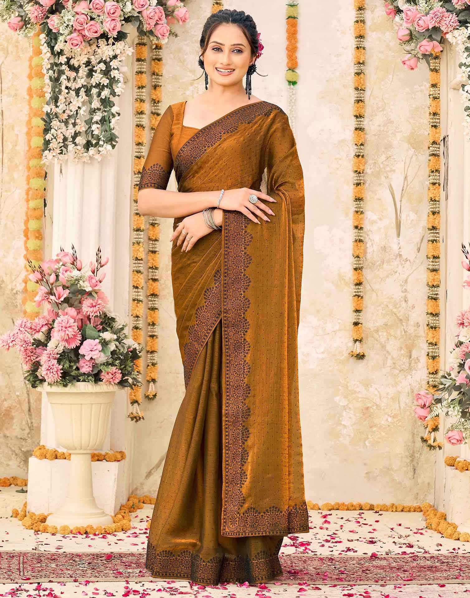 Brown Shimmer Stone Work Swarovski Saree