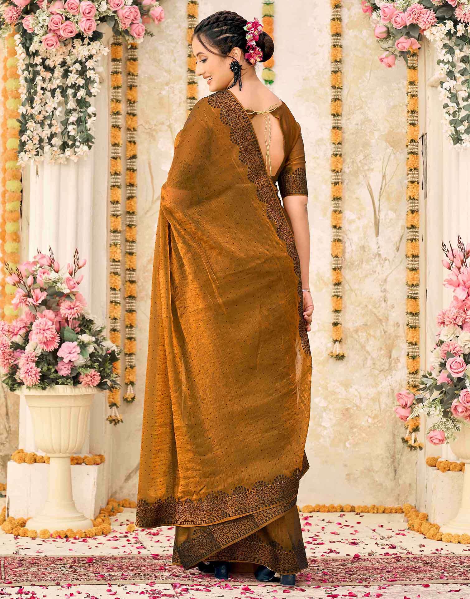 Brown Shimmer Stone Work Swarovski Saree