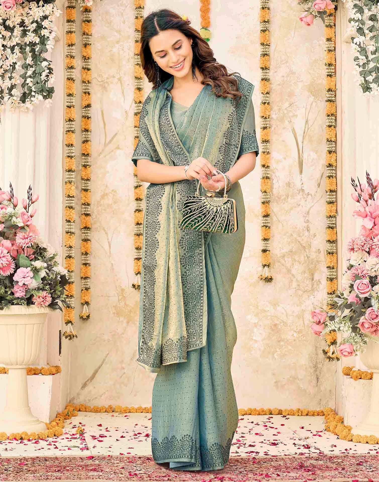 Dusty Teal Blue Shimmer Stone Work Swarovski Saree