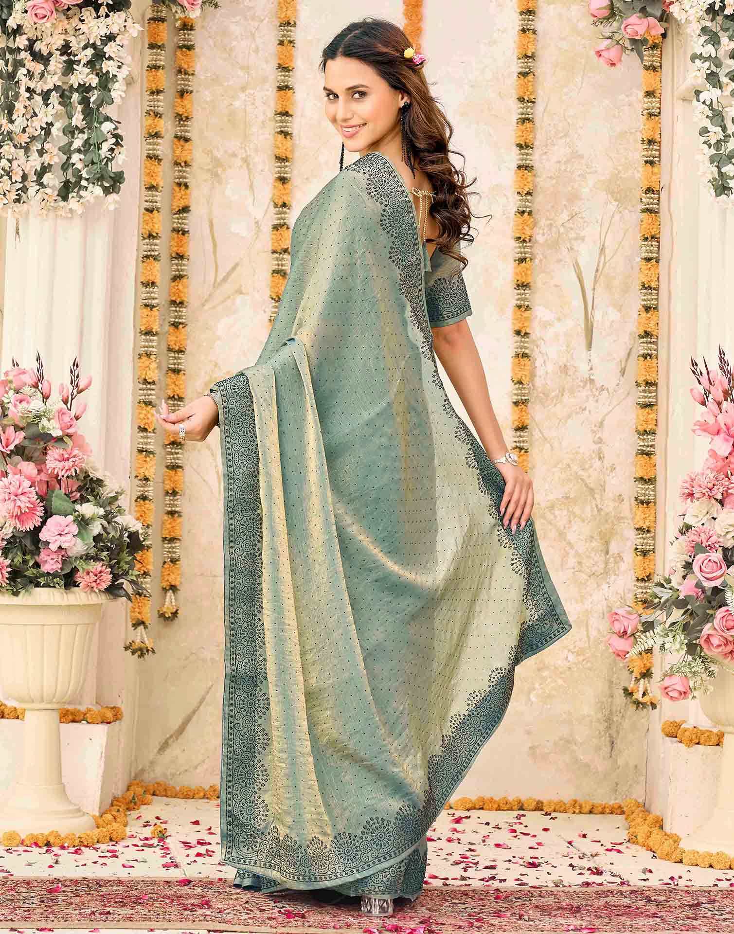 Dusty Teal Blue Shimmer Stone Work Swarovski Saree