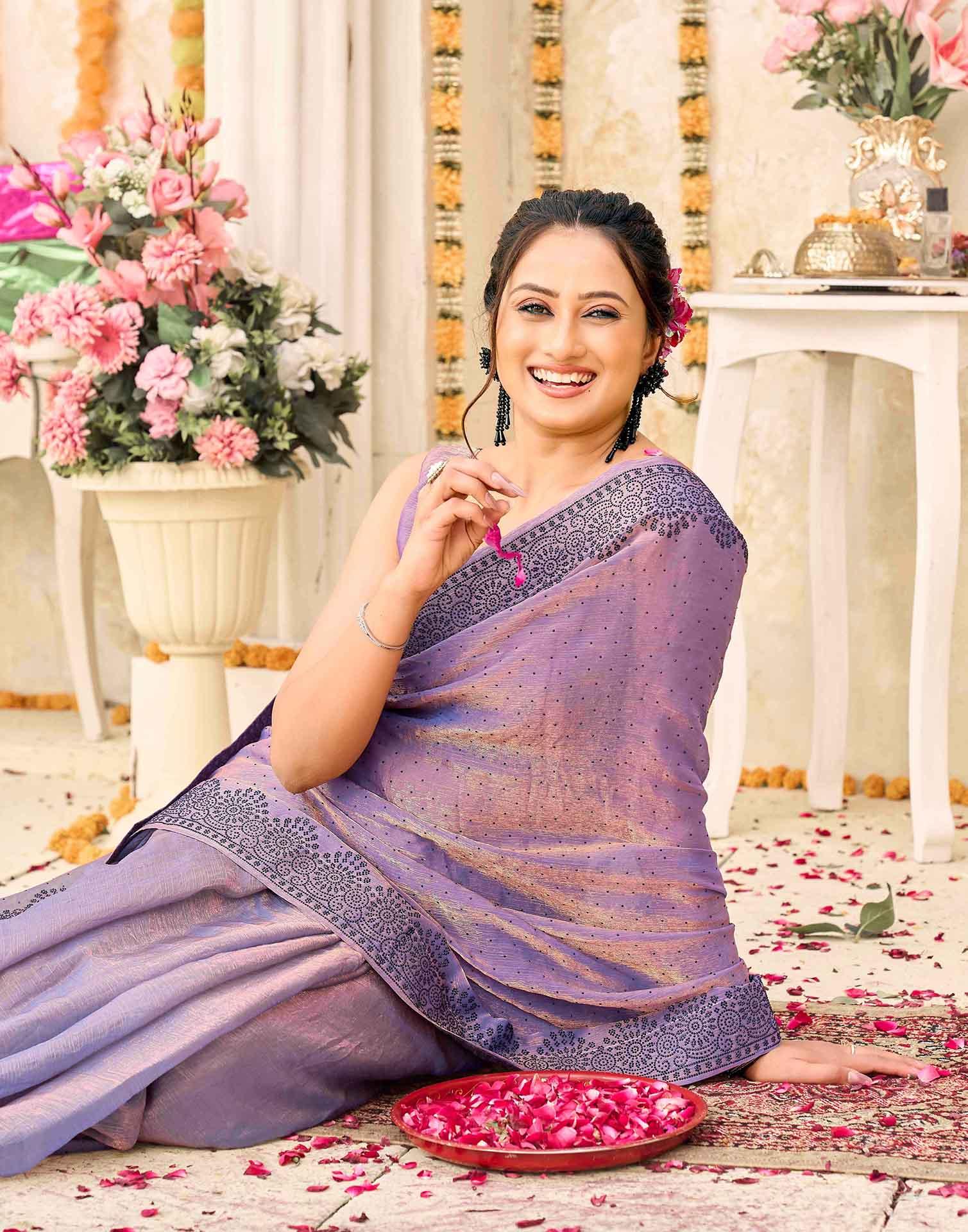 Lavender Shimmer Stone Work Swarovski Saree