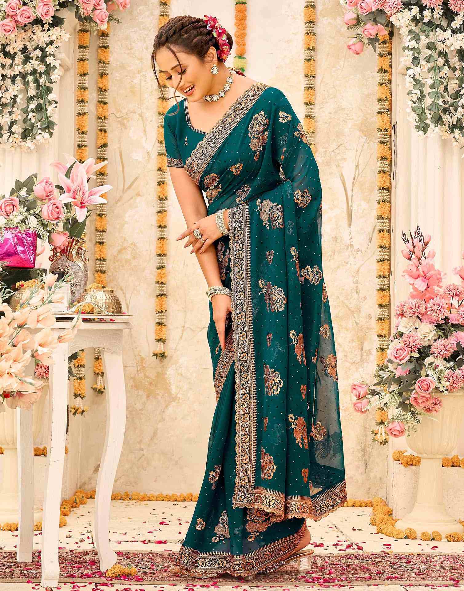 Teal Green Georgette Embroidery Swarovski Saree