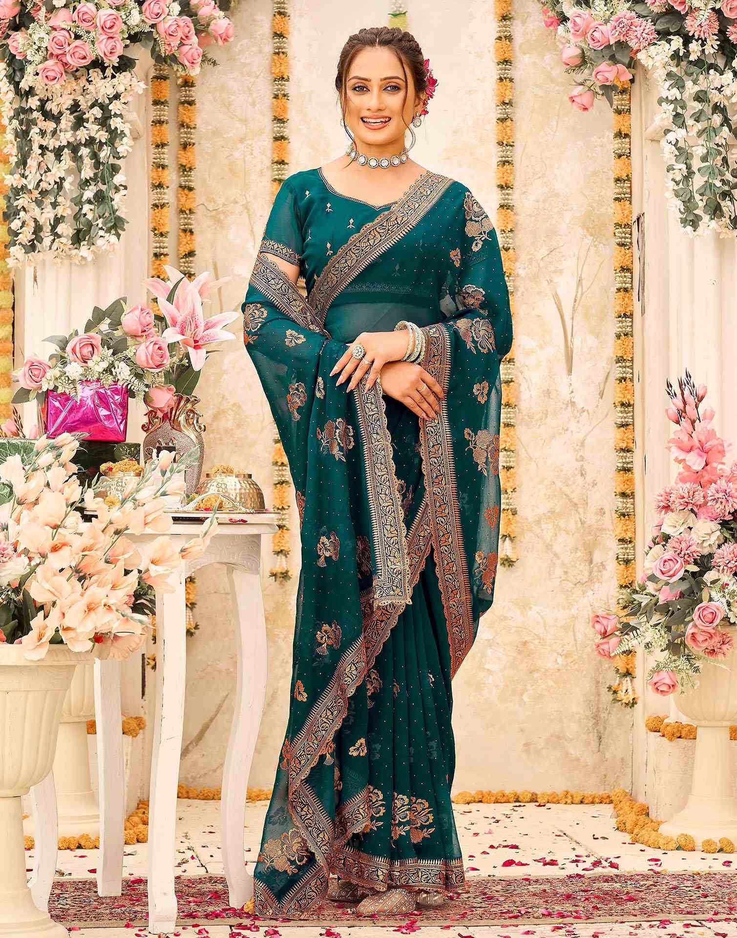 Teal Green Georgette Embroidery Swarovski Saree