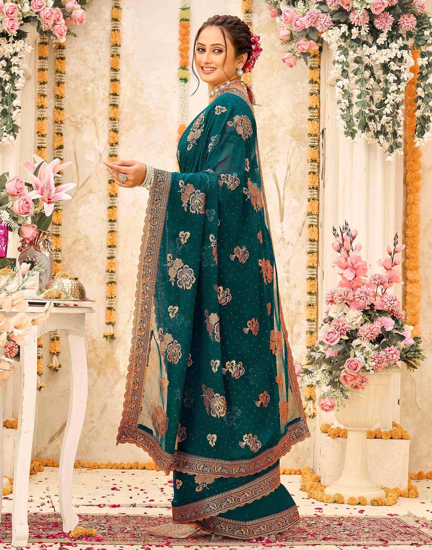 Teal Green Georgette Embroidery Swarovski Saree