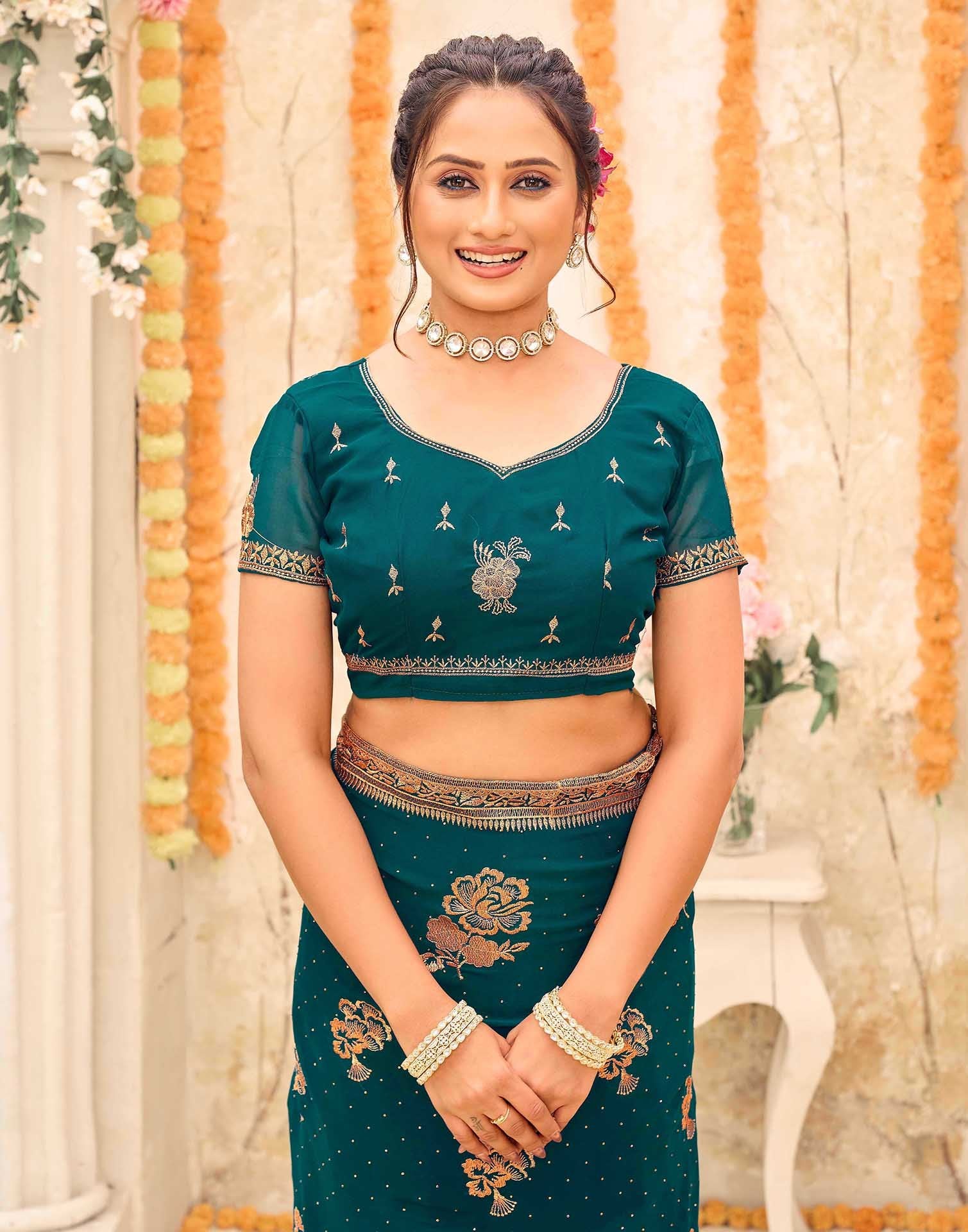 Teal Green Georgette Embroidery Swarovski Saree