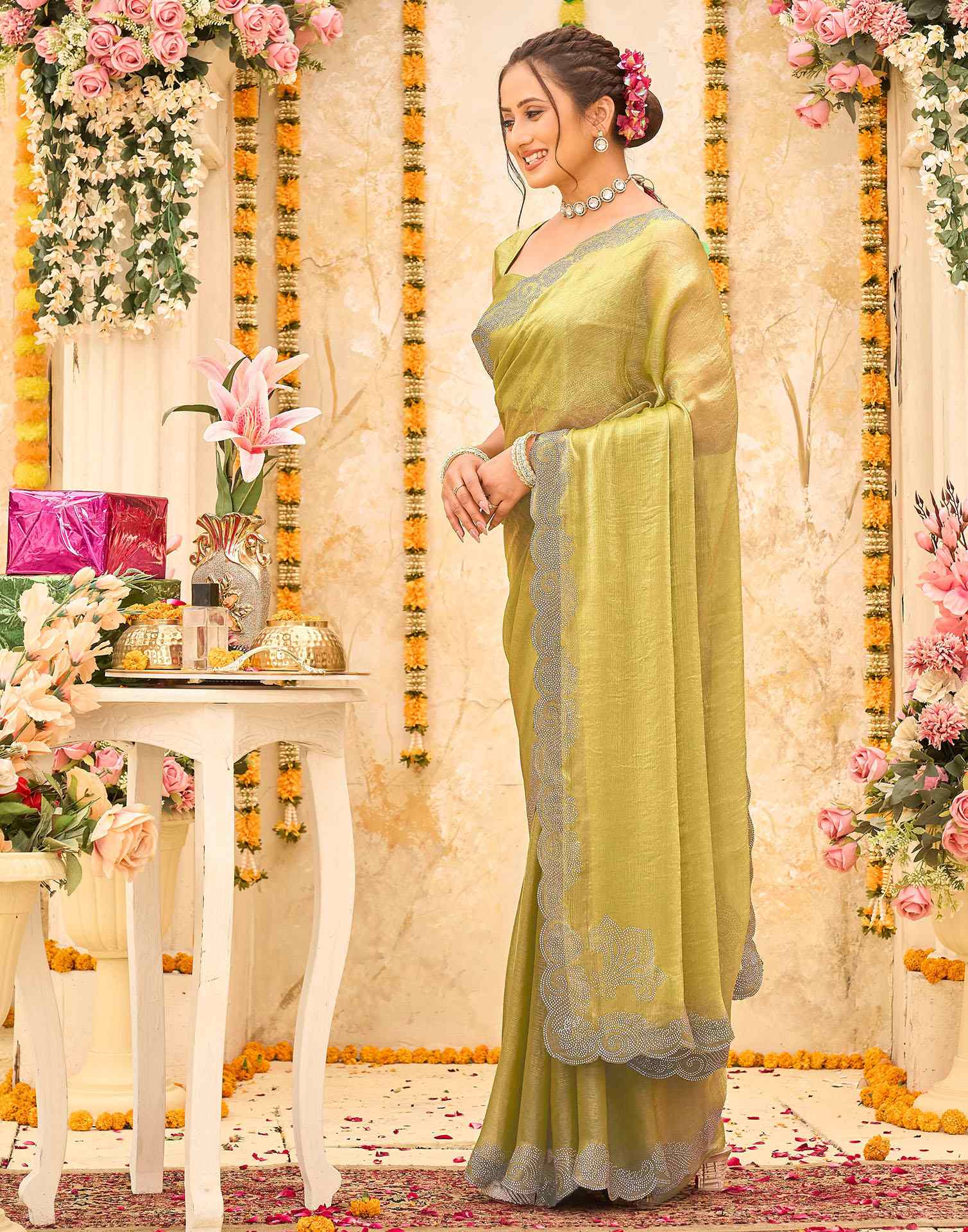 Pista Green Shimmer Stone Work Embellished Saree