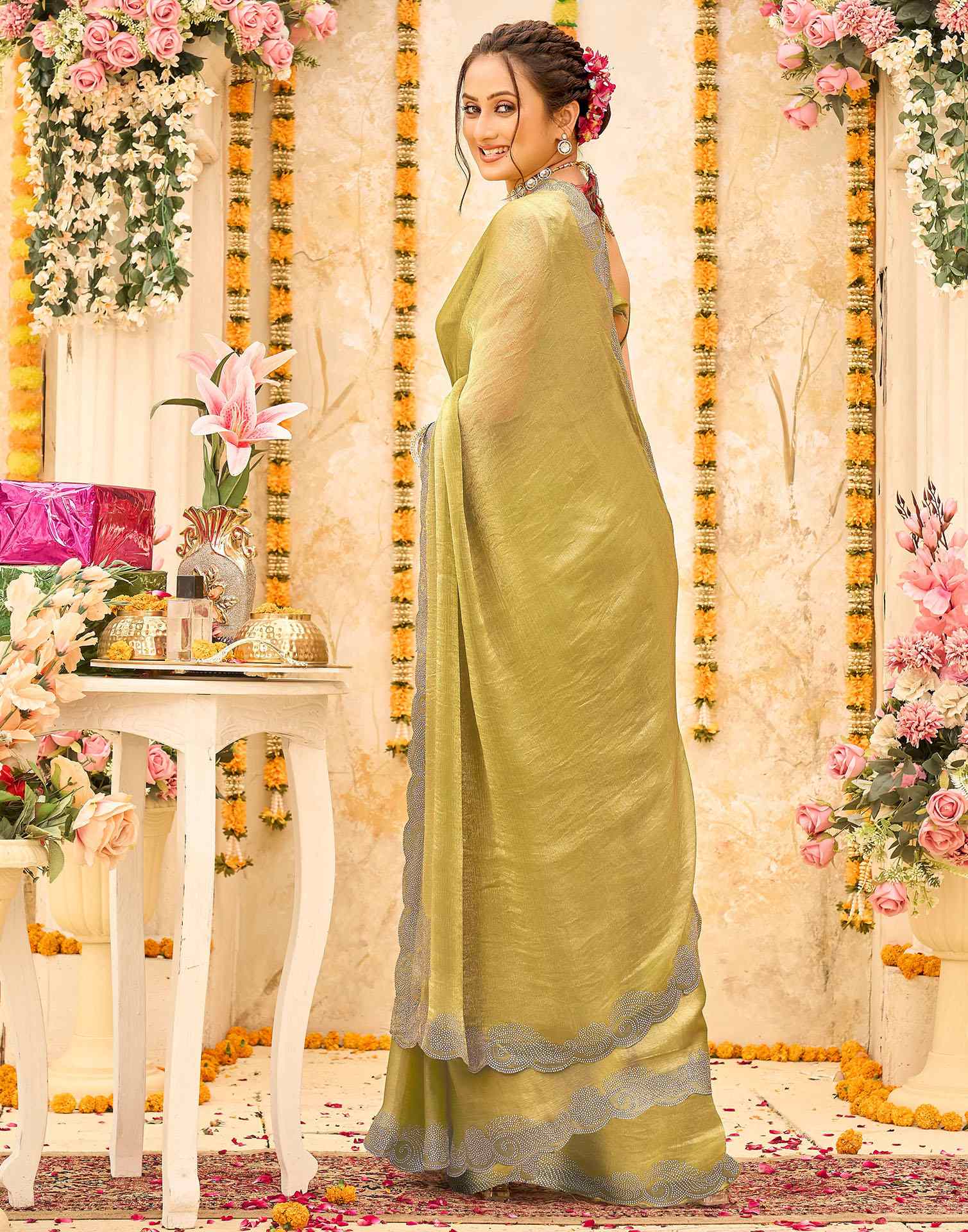 Pista Green Shimmer Stone Work Embellished Saree