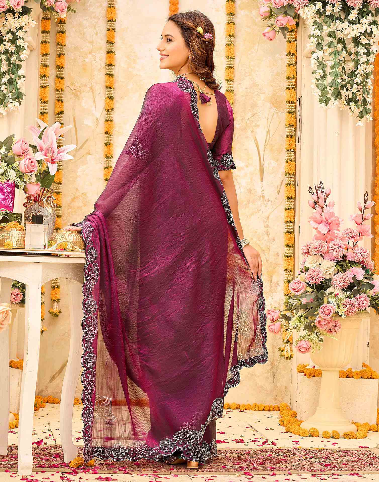 Magenta Shimmer Stone Work Embellished Saree