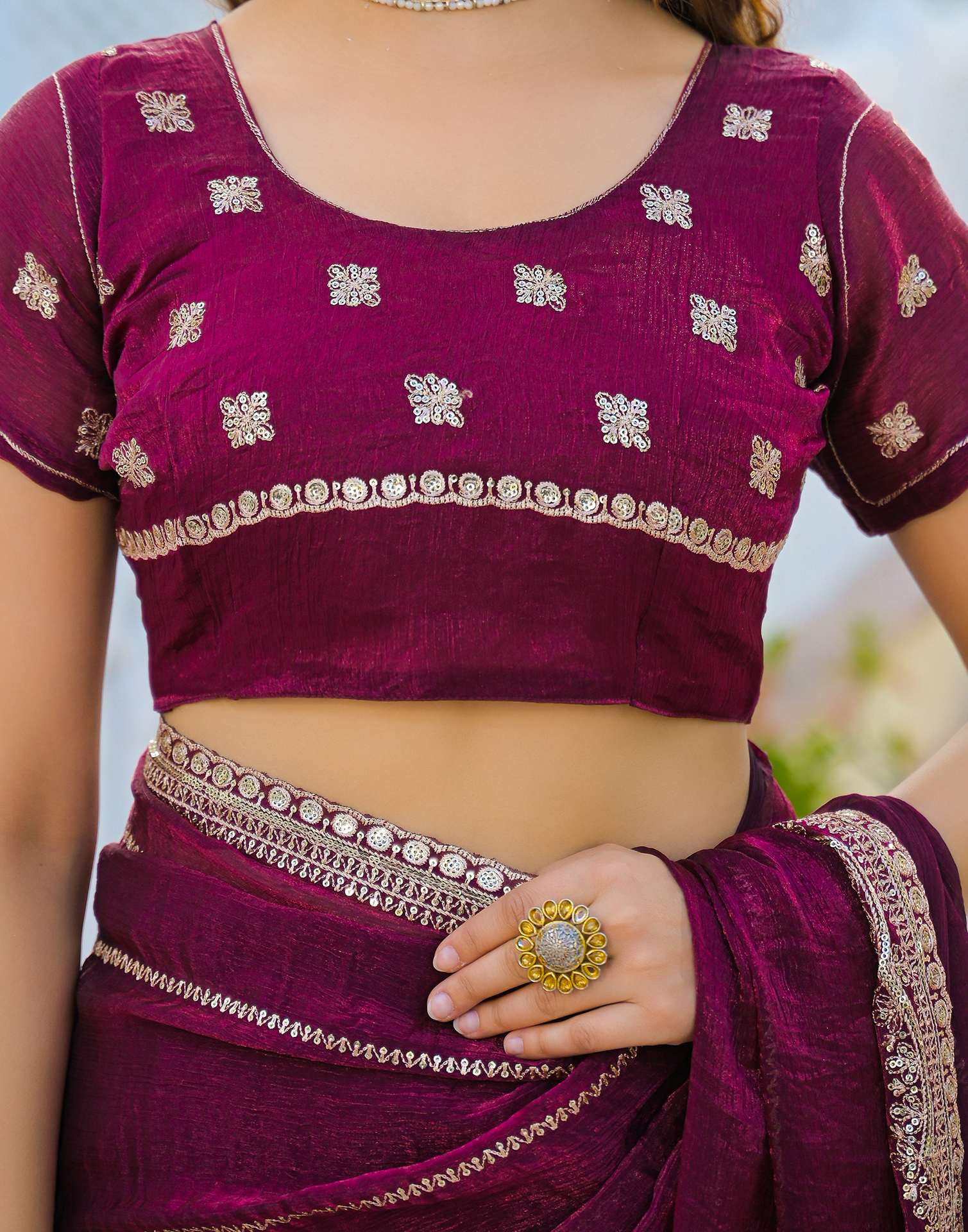 Magenta Shimmer Sequence Embroidery Saree