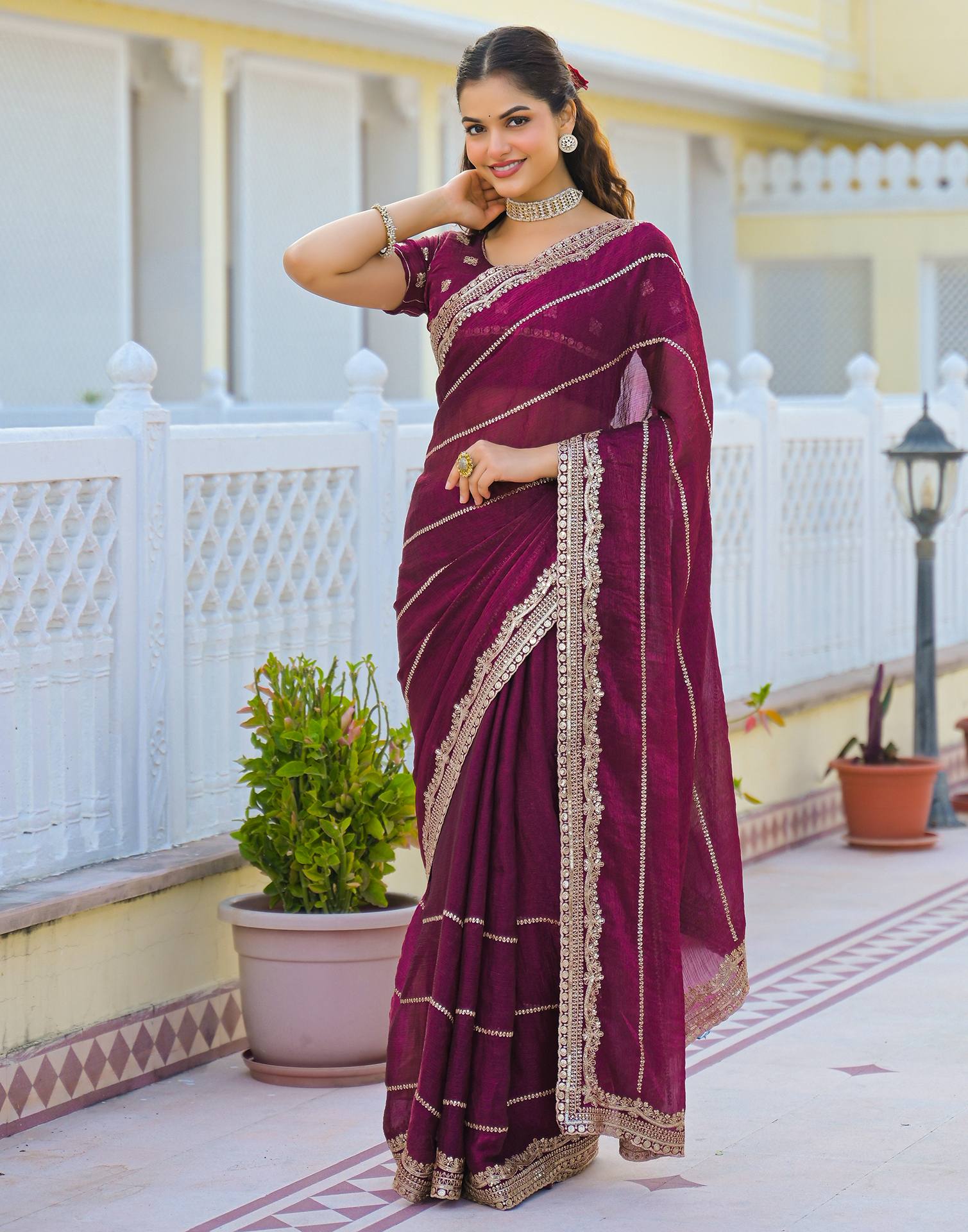Magenta Shimmer Sequence Embroidery Saree