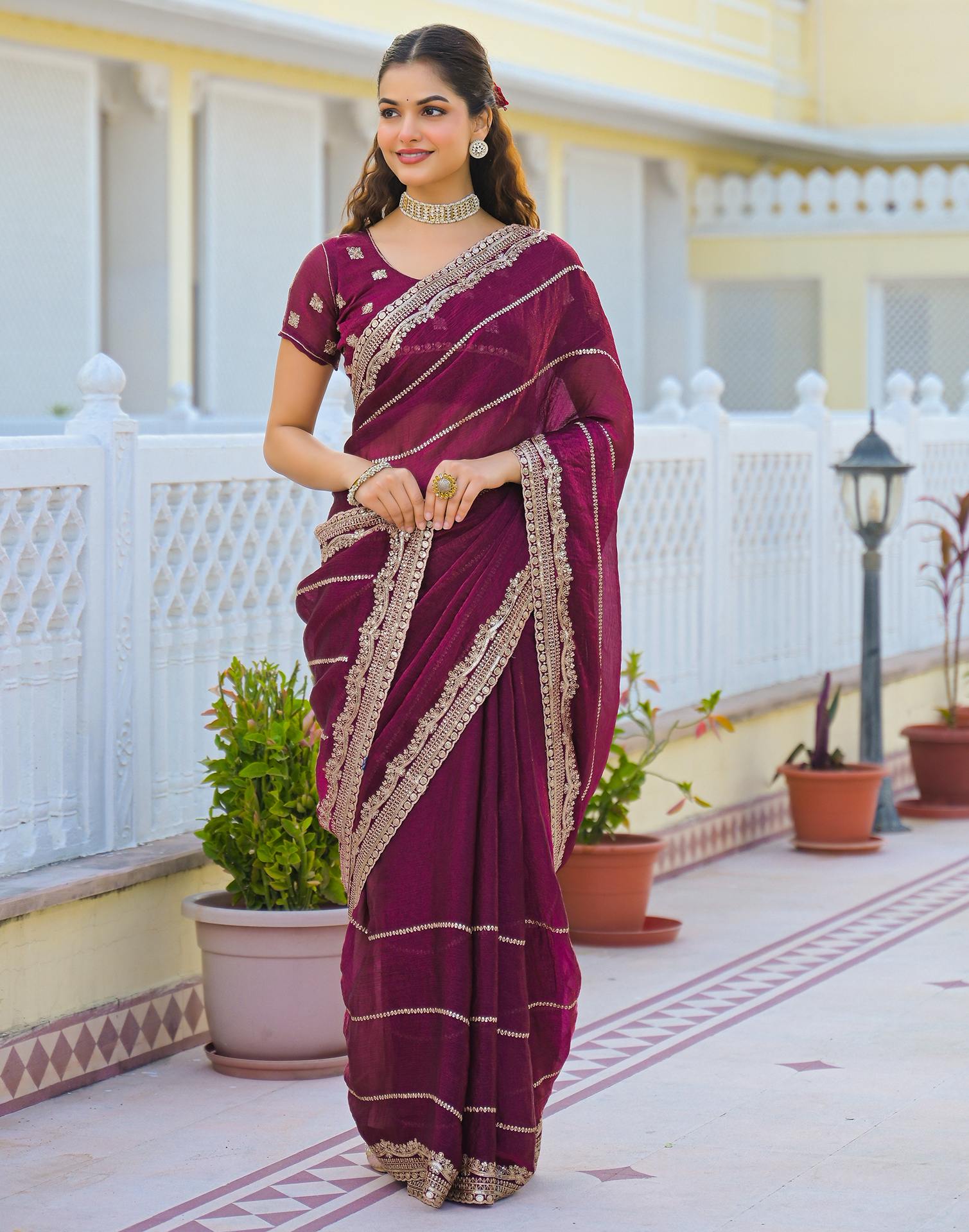Magenta Shimmer Sequence Embroidery Saree