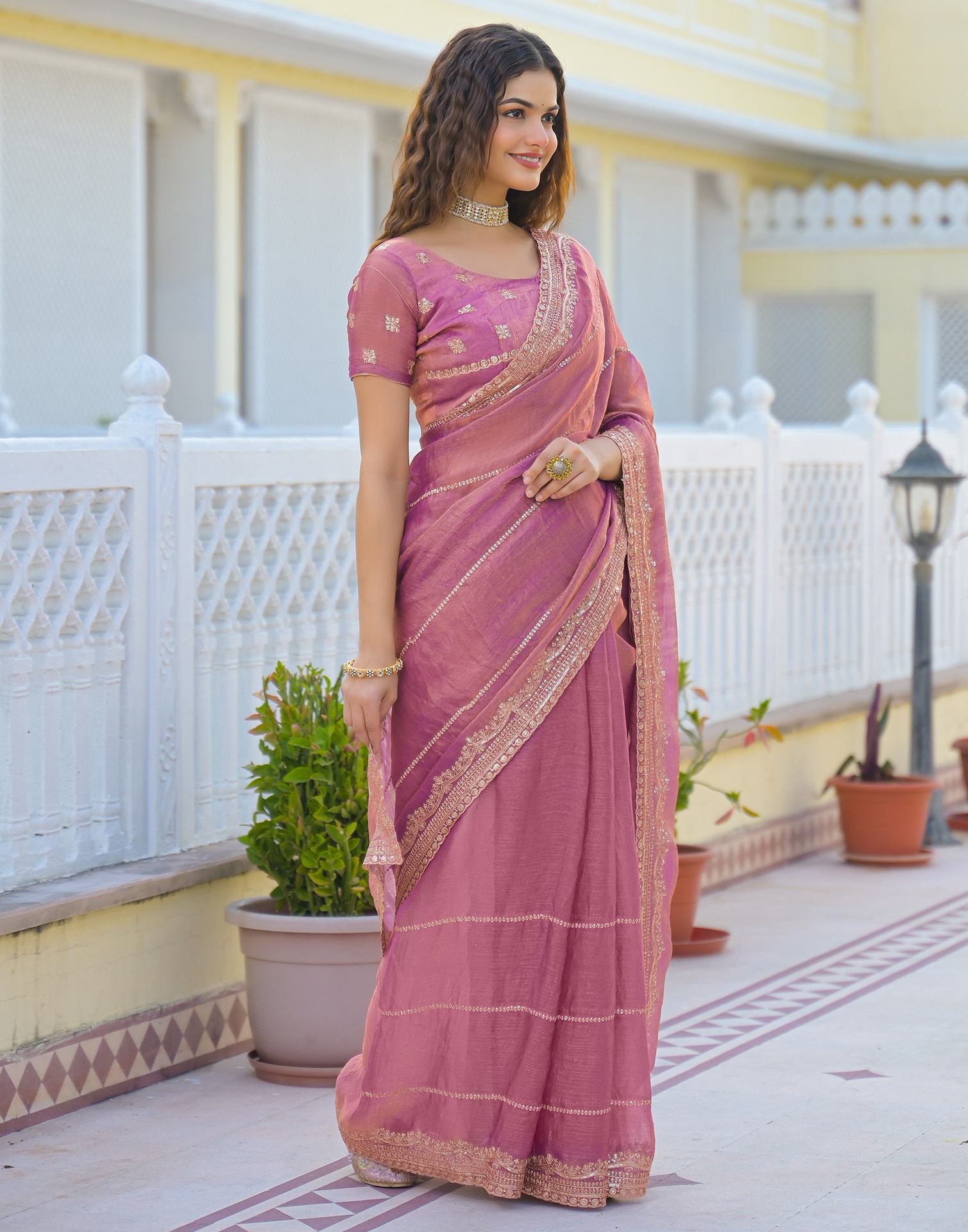 Dusty Pink Shimmer Sequence Embroidery Saree