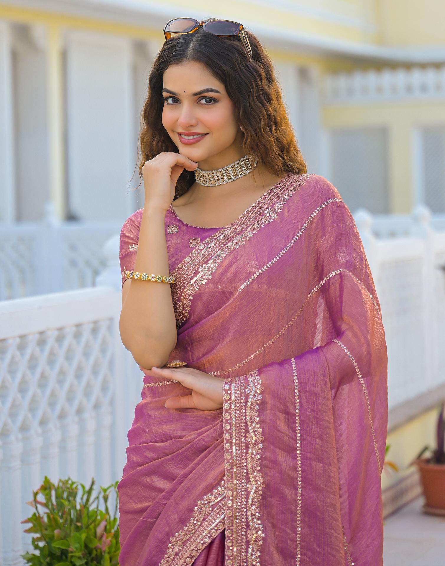 Dusty Pink Shimmer Sequence Embroidery Saree