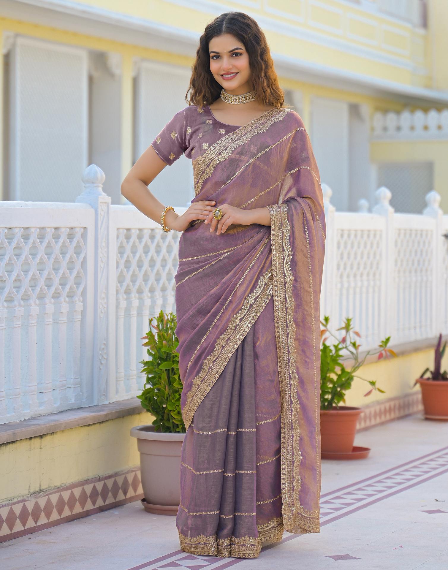 Dusty Mauve Shimmer Sequence Embroidery Saree