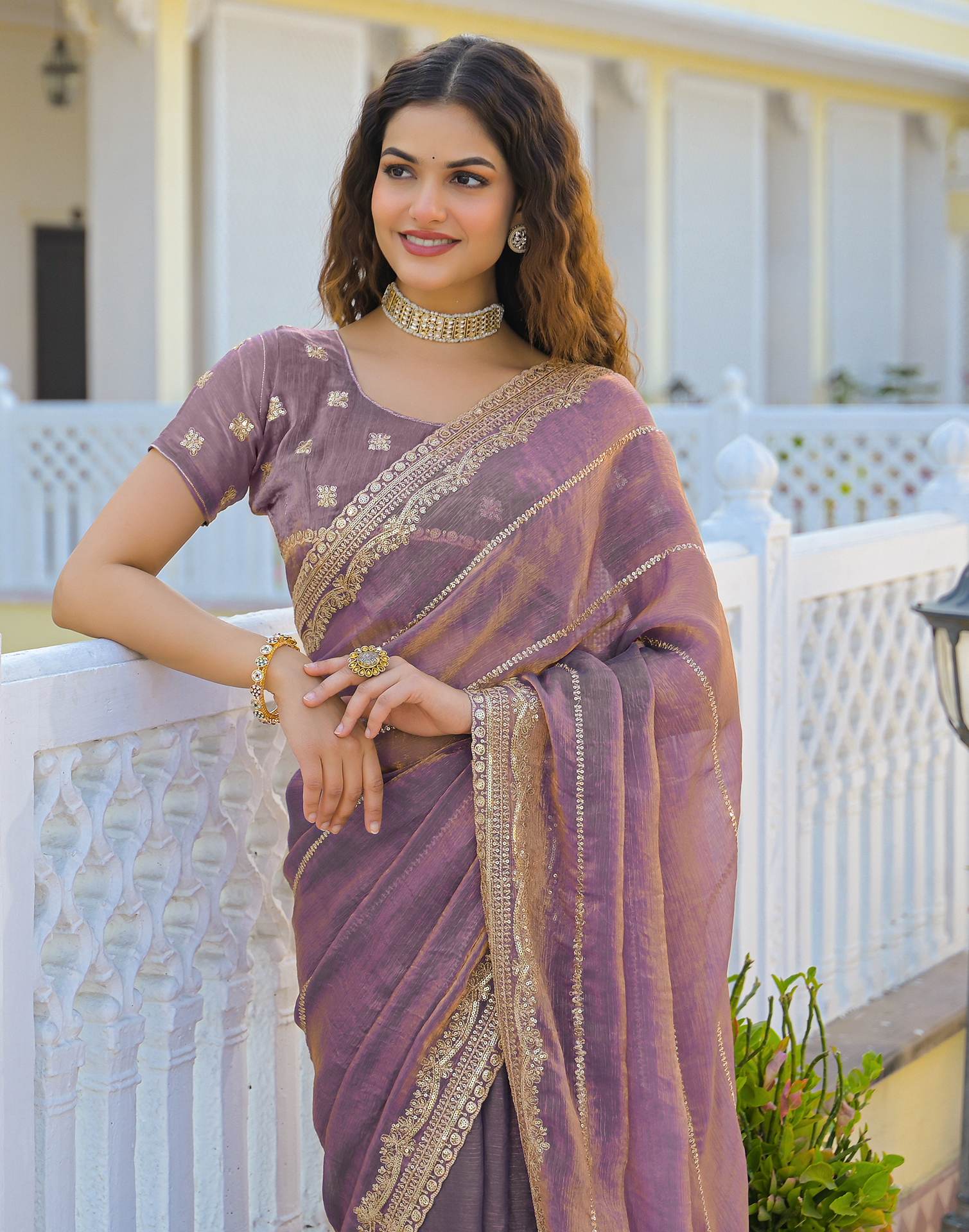 Dusty Mauve Shimmer Sequence Embroidery Saree