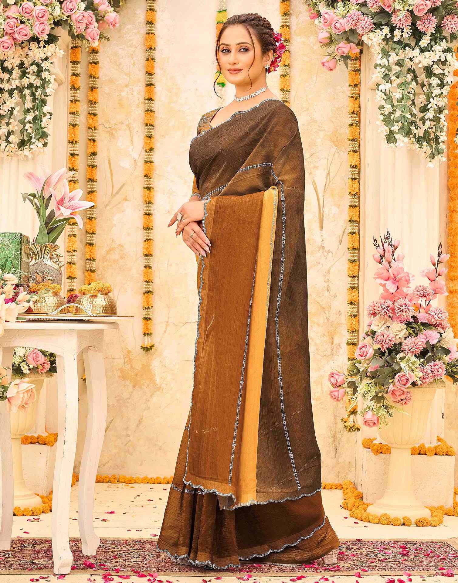 Brown Shimmer Stone Work Embellished Saree
