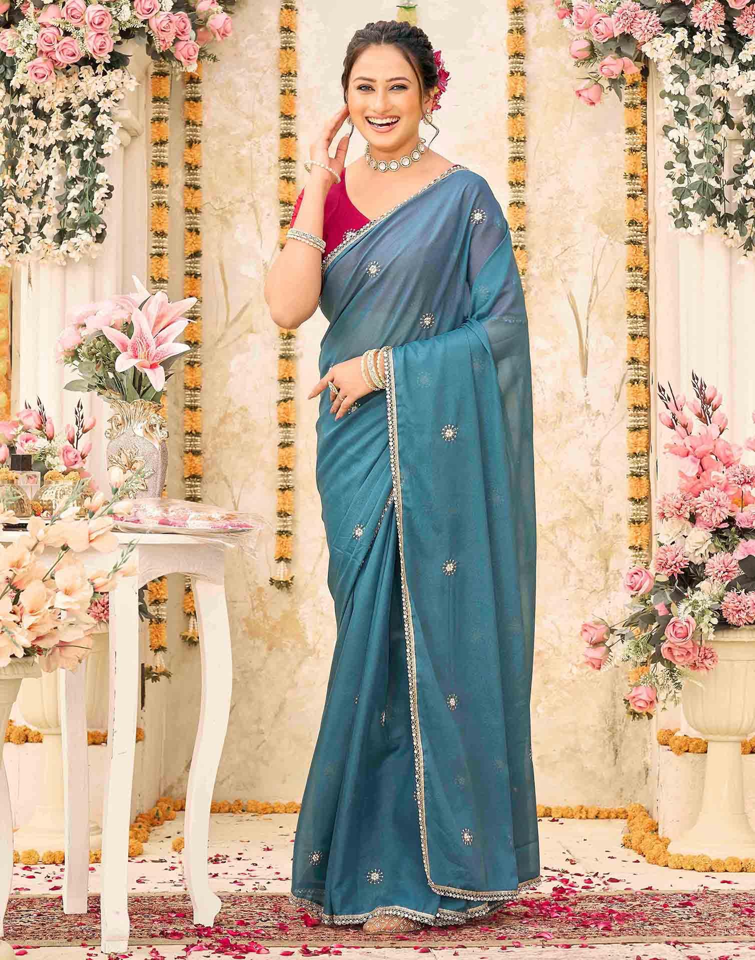 Dusty Teal Blue Georgette Embroidery Saree