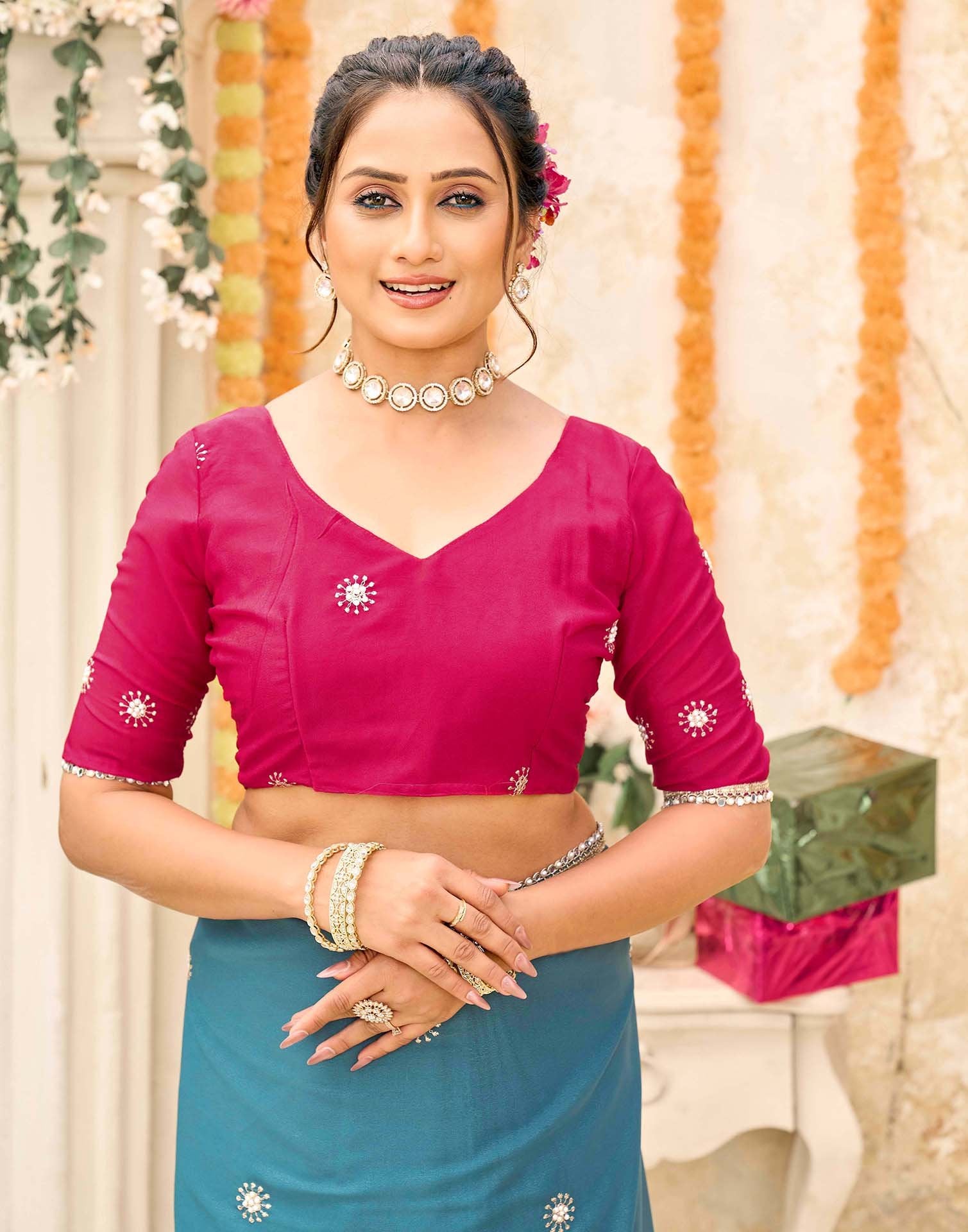 Dusty Teal Blue Georgette Embroidery Saree