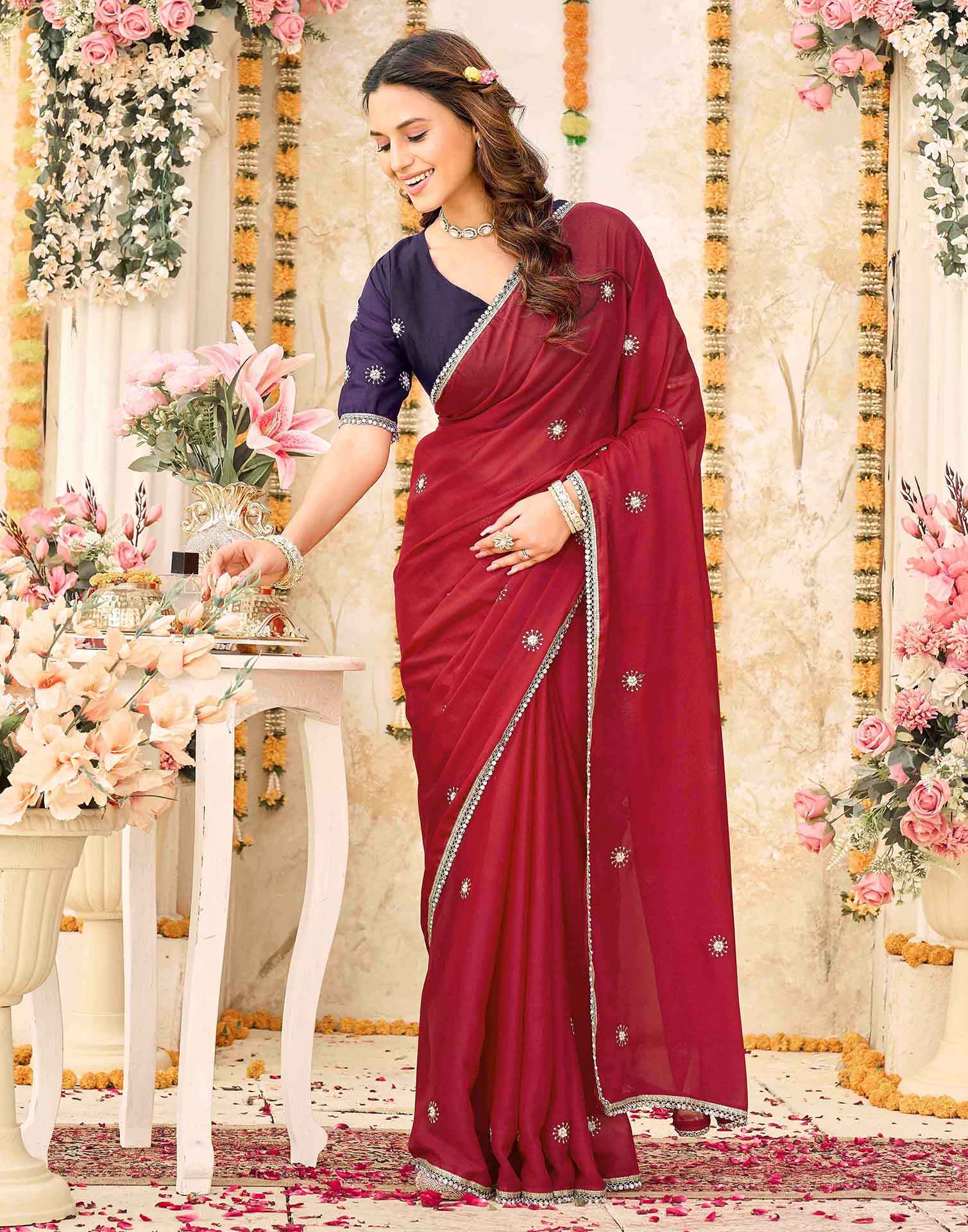 Dark Red Georgette Embroidery Saree
