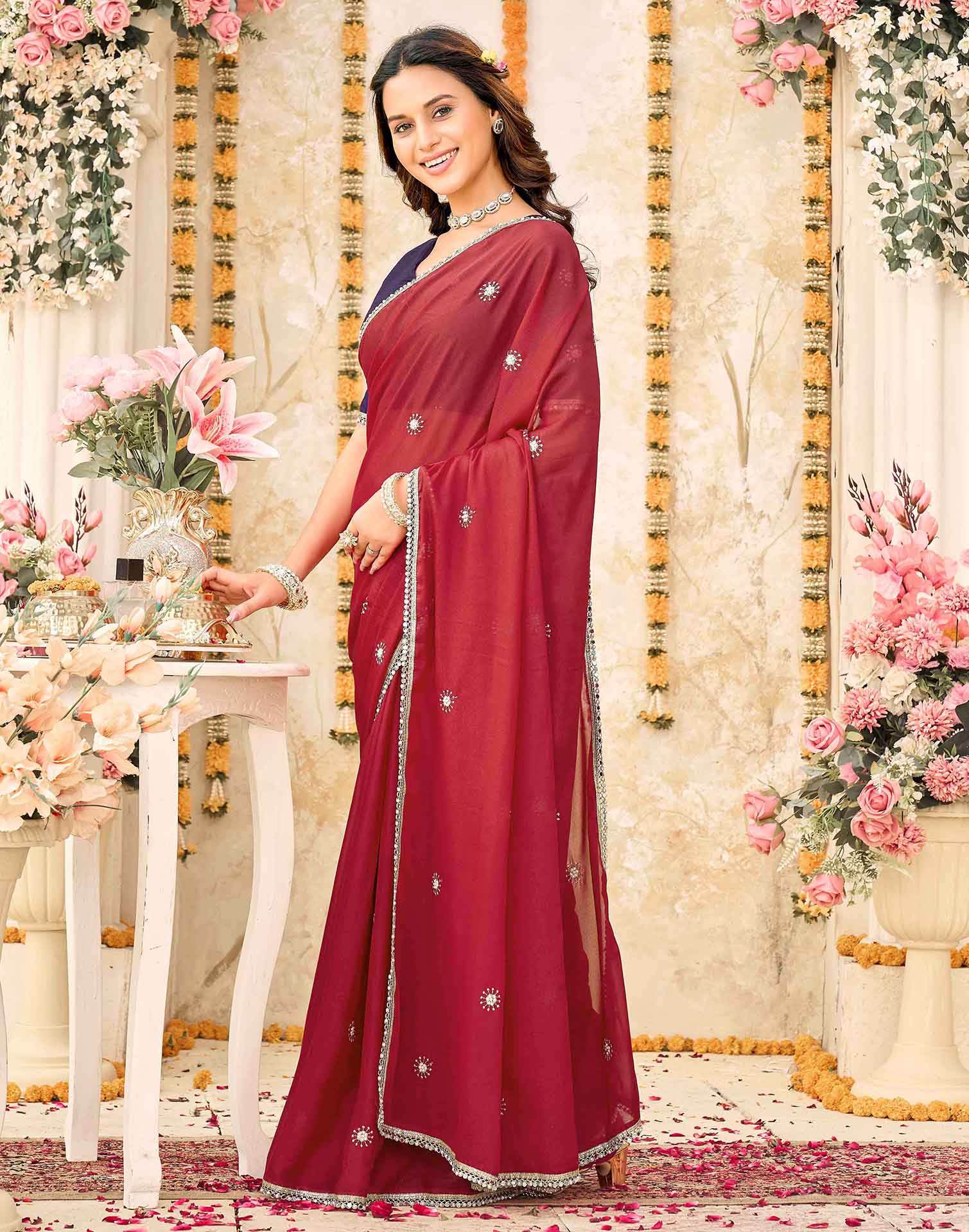 Dark Red Georgette Embroidery Saree