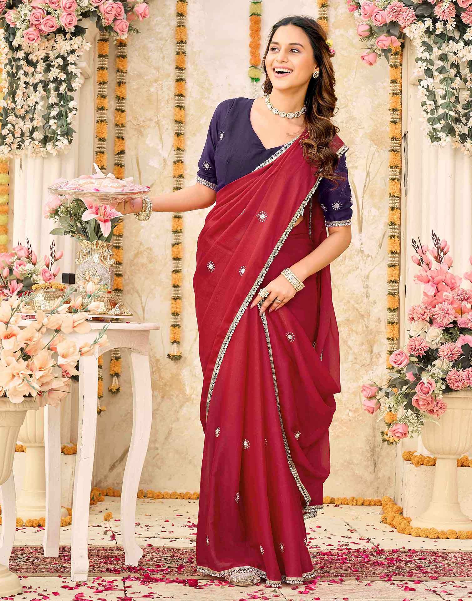 Dark Red Georgette Embroidery Saree
