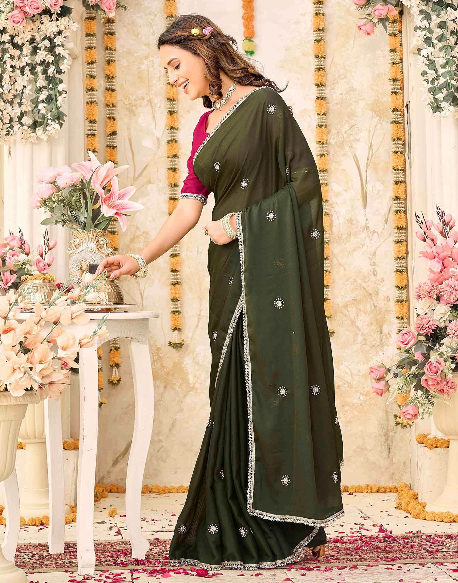 Olive Green Georgette Embroidery Saree