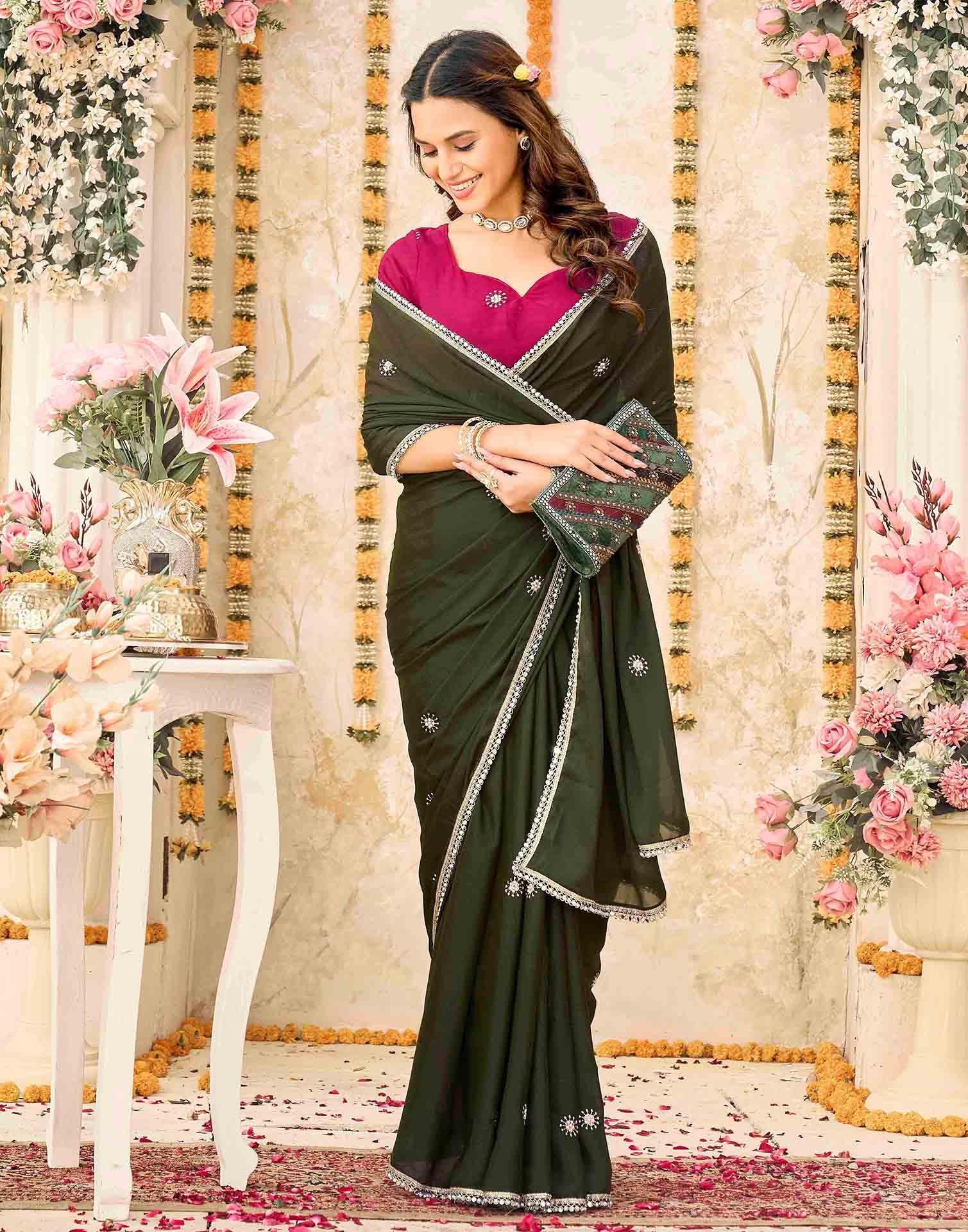 Olive Green Georgette Embroidery Saree
