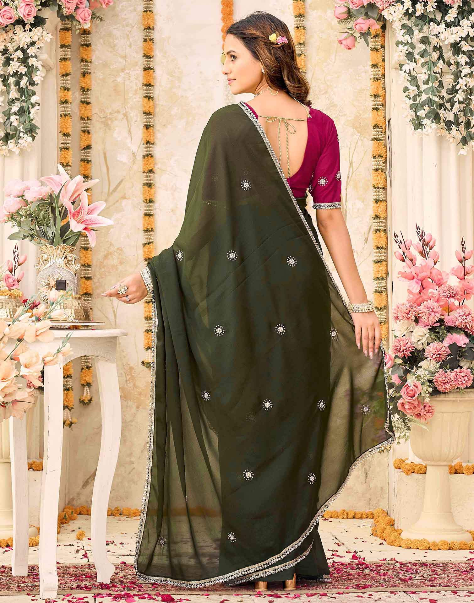 Olive Green Georgette Embroidery Saree