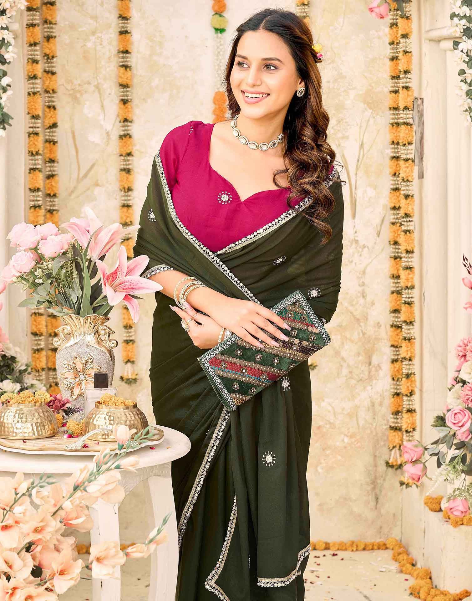 Olive Green Georgette Embroidery Saree